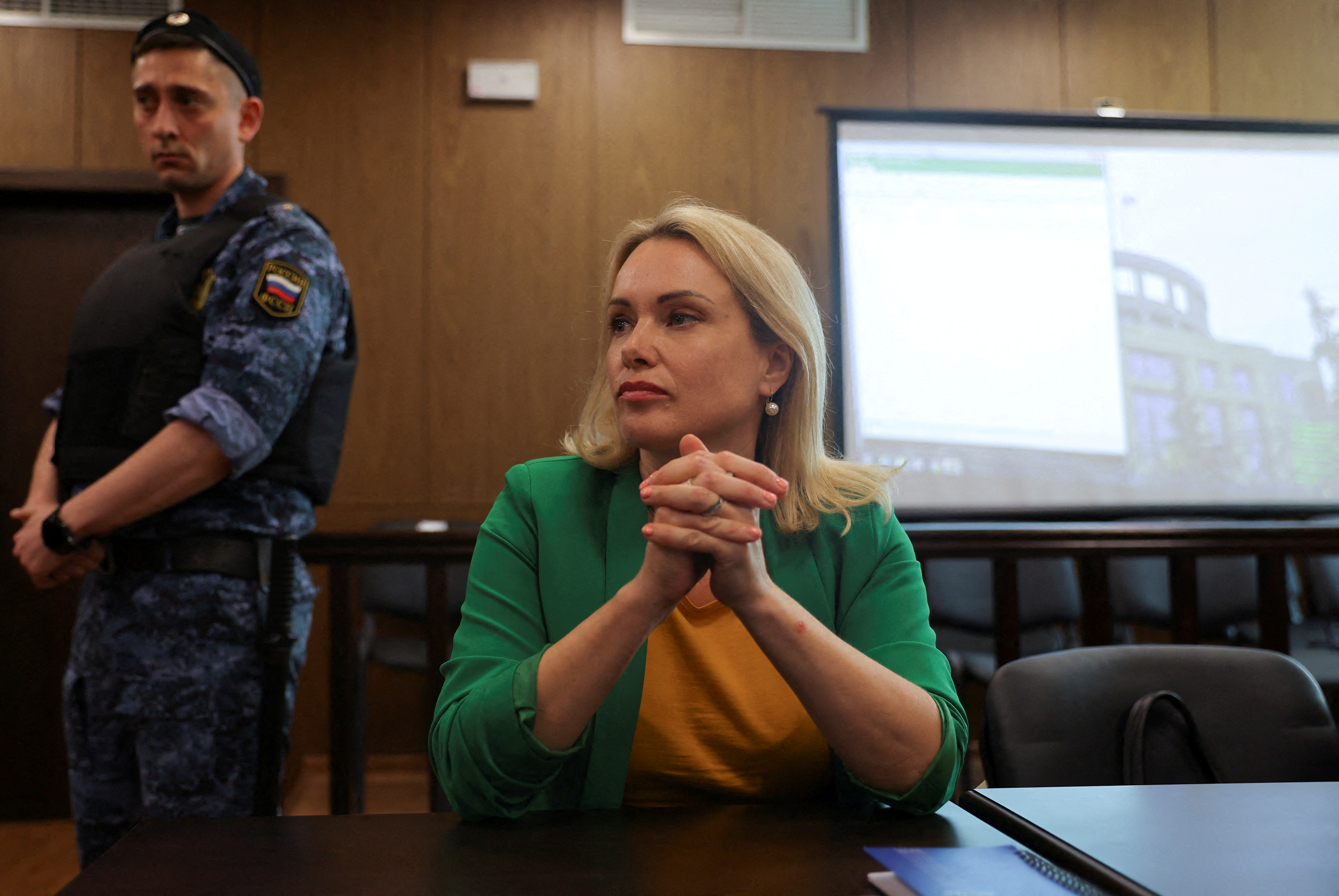 Former Russian state TV employee Marina Ovsyannikova, who staged an anti-war protest on live state television and was later charged with public activity aimed at discrediting the Russian army amid Ukraine-Russia conflict, attends a court hearing in Moscow, Russia, July 28, 2022