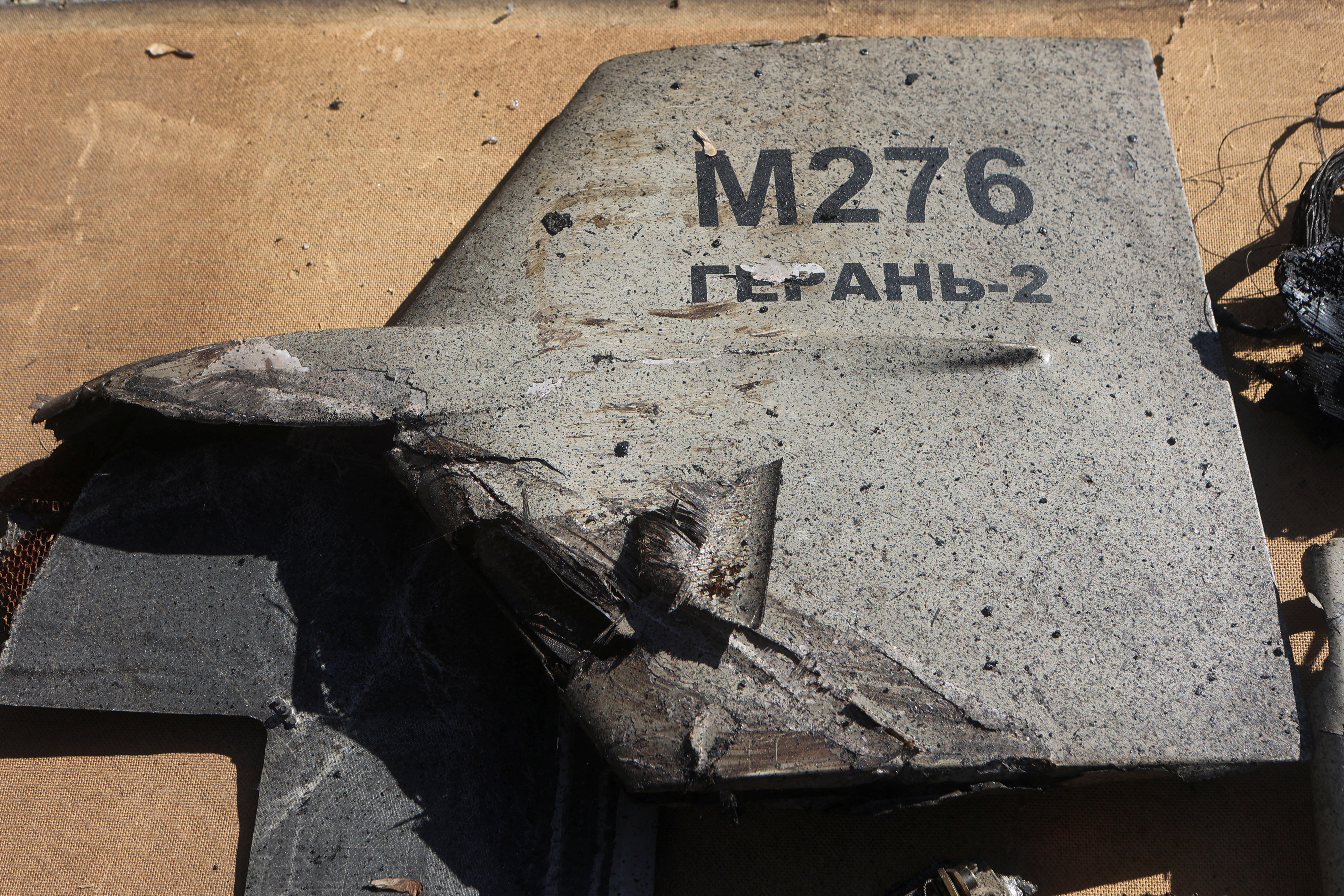 Parts of an unmanned aerial vehicle (UAV), what Ukrainian authorities consider to be an Iranian made suicide drone Shahed-136