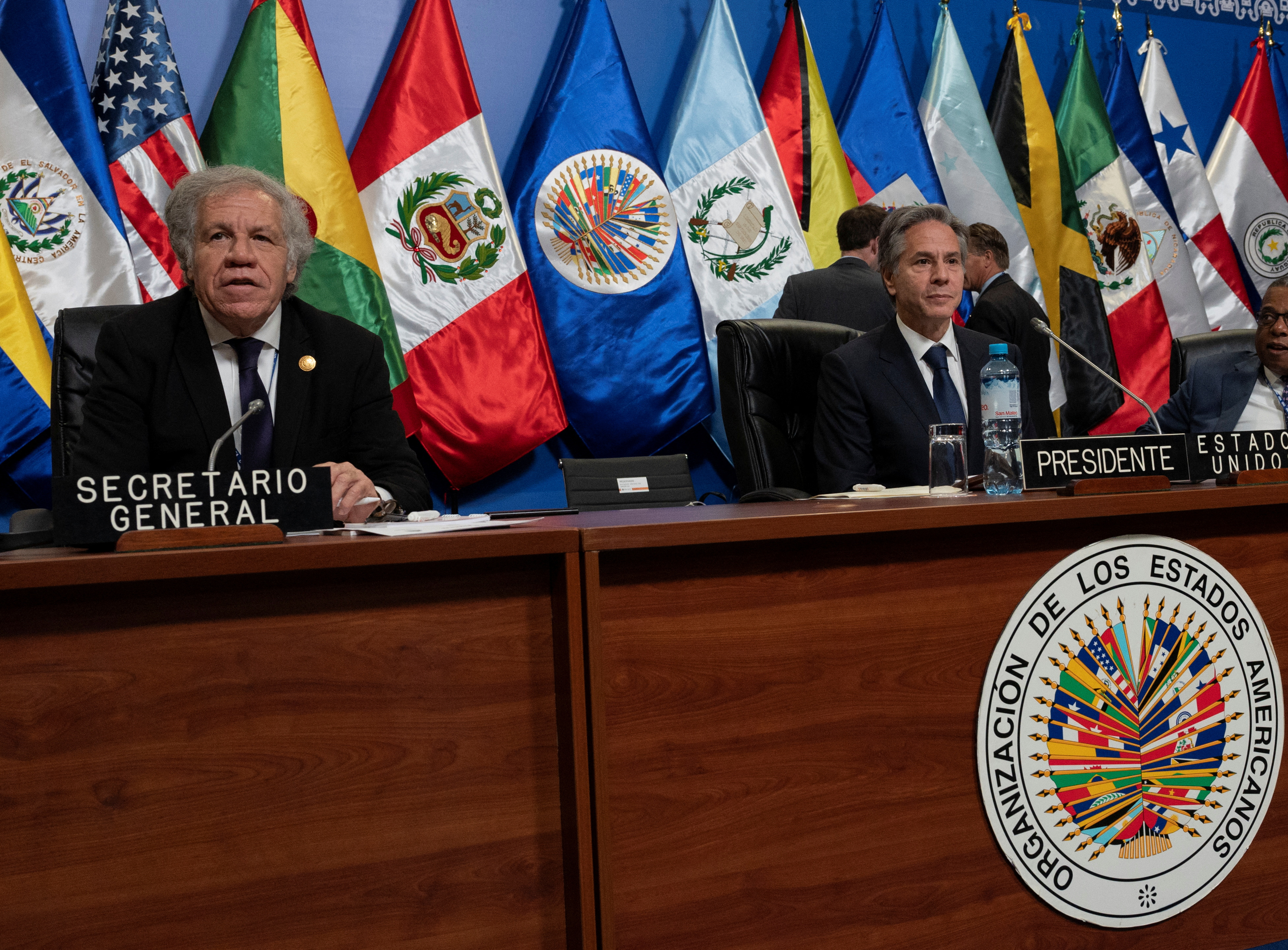 U.S. Secretary of State Antony Blinken and the Secretary General of the Organization of American States (OAS), Uruguayan Luis Almagro, attend the Ministerial Meeting of the Summit Implementation Review Group during the 52nd General Assembly of the OAS in Lima, Peru on October 6, 2022. Cris BOURONCLE/Pool via REUTERS