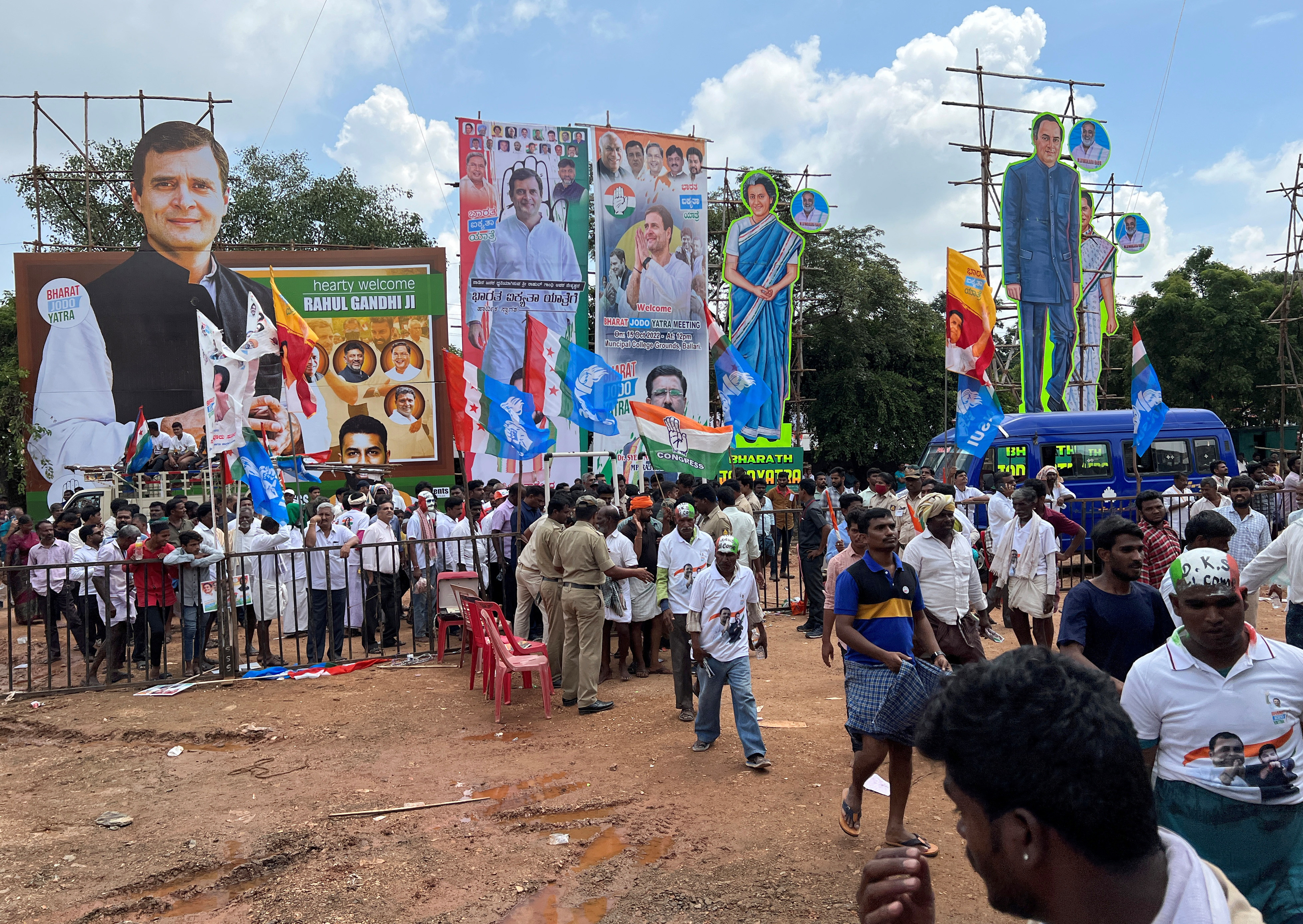 Police frisk supporters of India's main opposition Congress party as they arrive to attend a rally addressed by the party's leader Rahul Gandhi during his ongoing Bharat Jodo Yatra (Unite India March) in Ballari in the state of Karnataka, India, October 15, 2022. REUTERS/Manoj Kumar