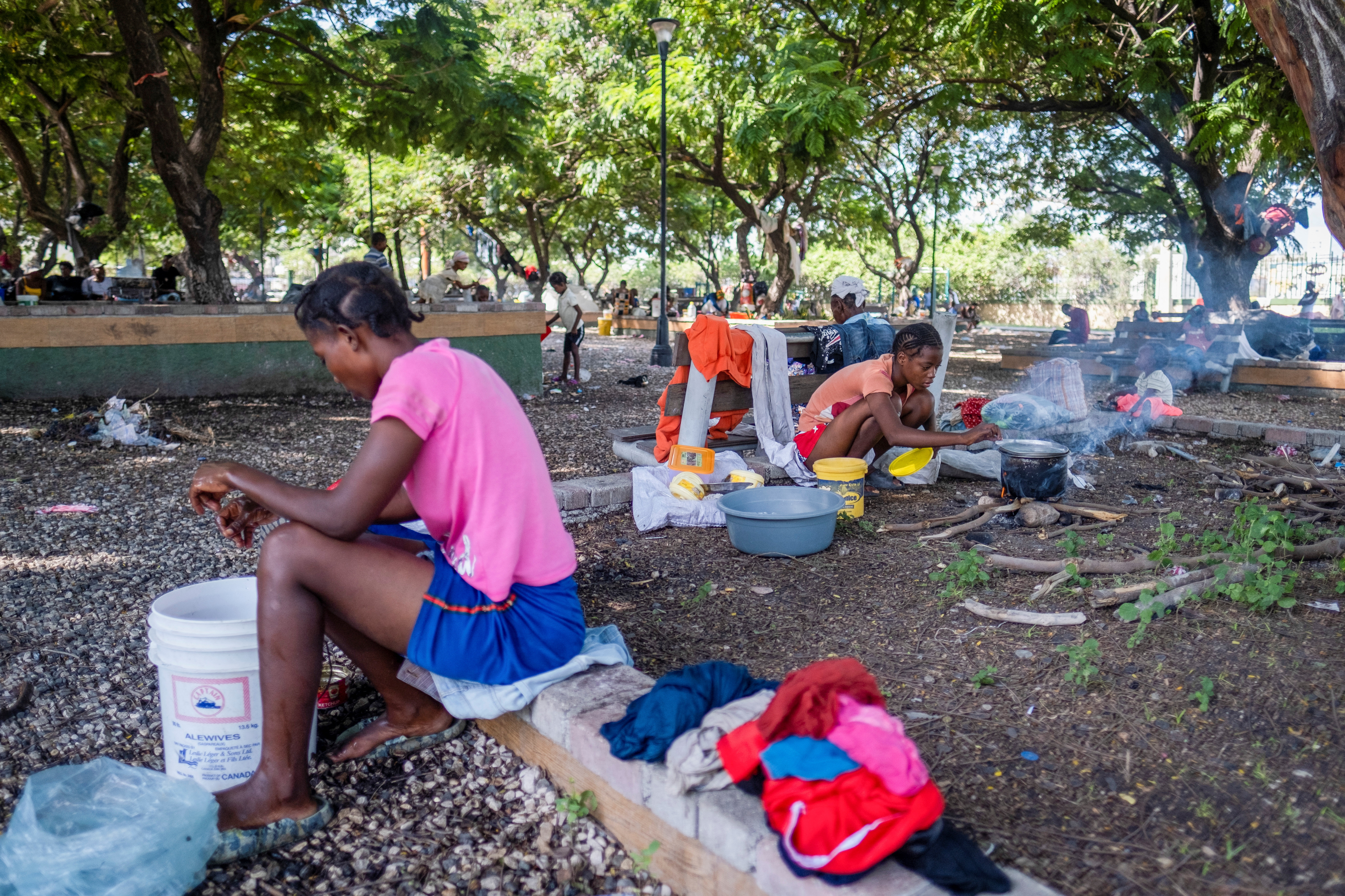 People displaced by gang violence in Cite Soleil take refuge in a park in Port-au-Prince, Haiti