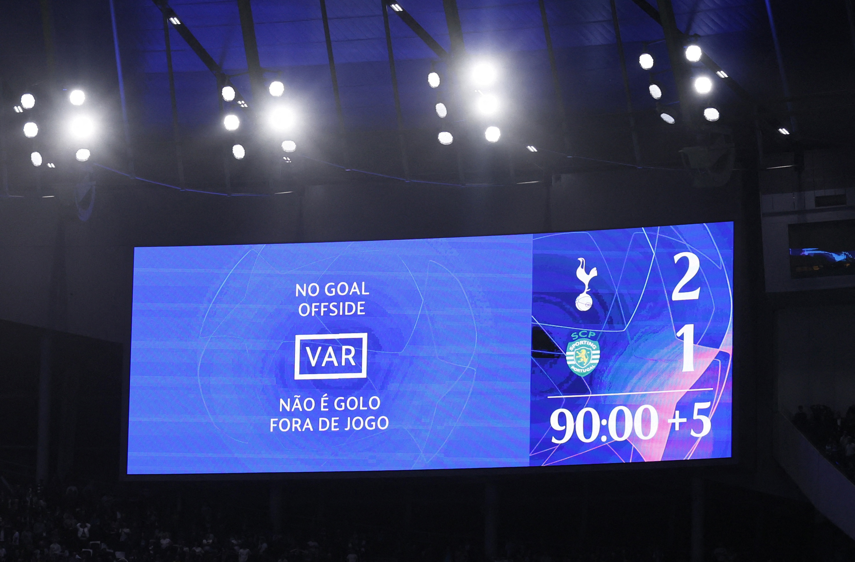 Soccer Football - Champions League - Group D - Tottenham Hotspur v Sporting CP - Tottenham Hotspur Stadium, London, Britain - October 26, 2022 General view of the big screen as a goal is disallowed after a VAR review