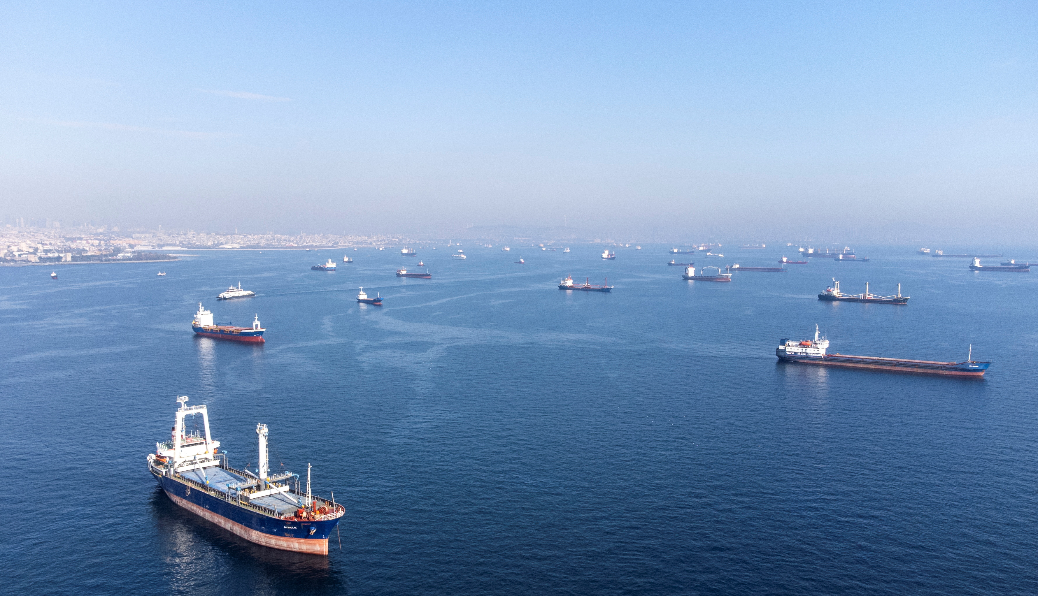ships wait to pass Bosphorus strait