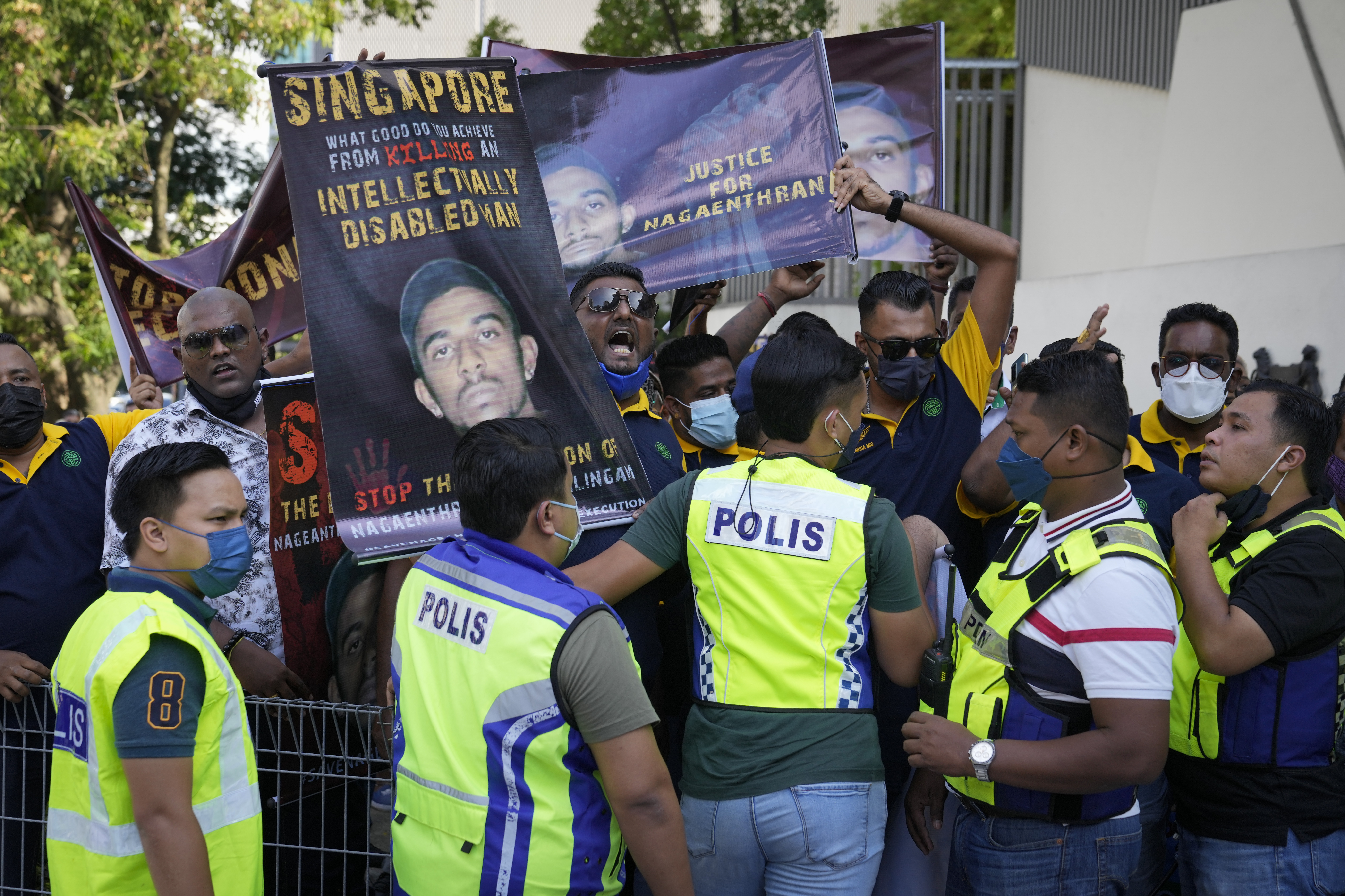Activists protest against the execution of Nagaenthran K. Dharmalingam outside the Singaporean Embassy in Kuala Lumpur, Malaysia, Saturday, April 23, 2022.