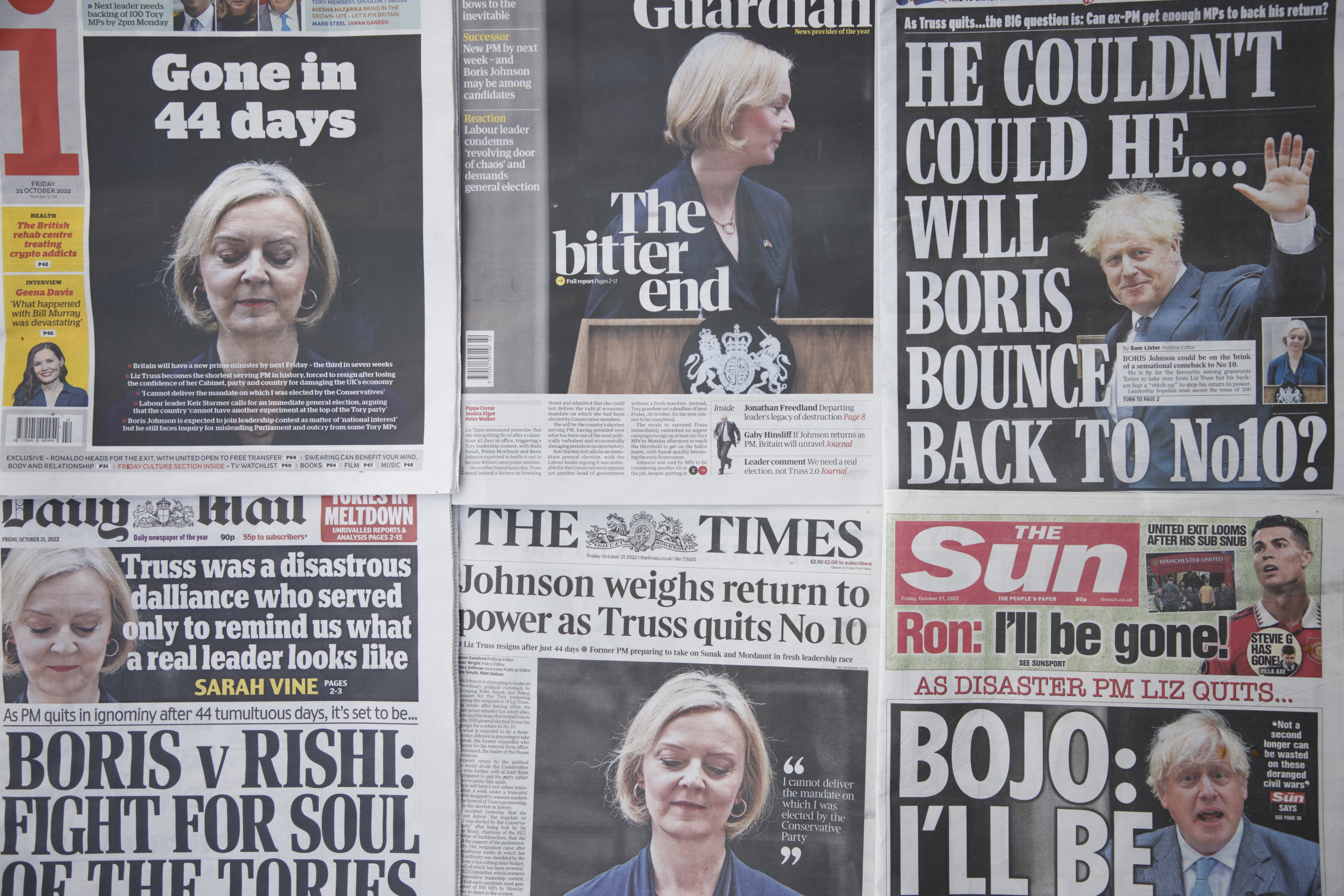 A selection of the front pages of British national newspapers showing the reaction the the resignation of Prime Minister Liz Truss