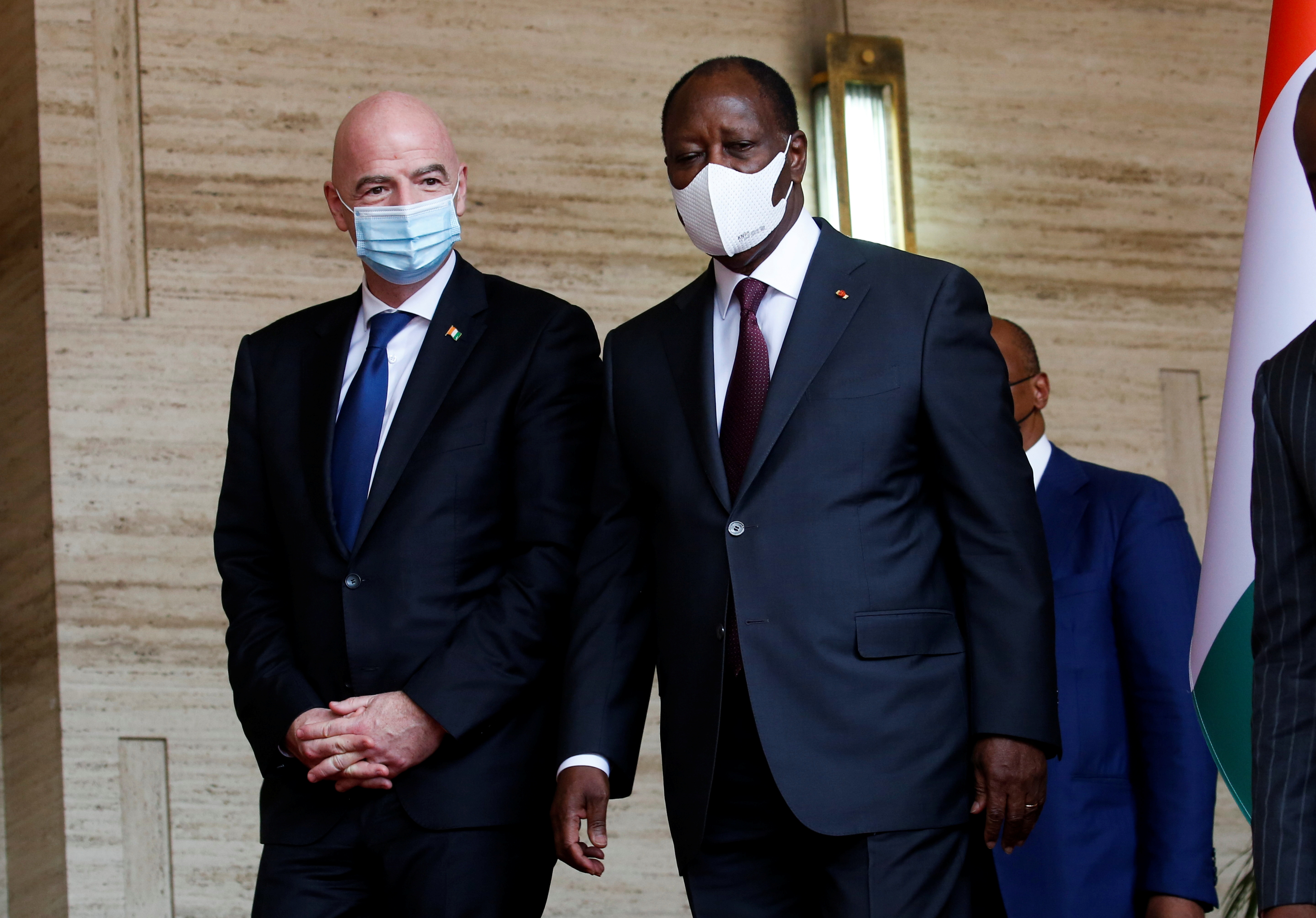 FIFA president Gianni Infantino and Ivory Coast's president Alassane Ouattara in Abidjan in May, 2021