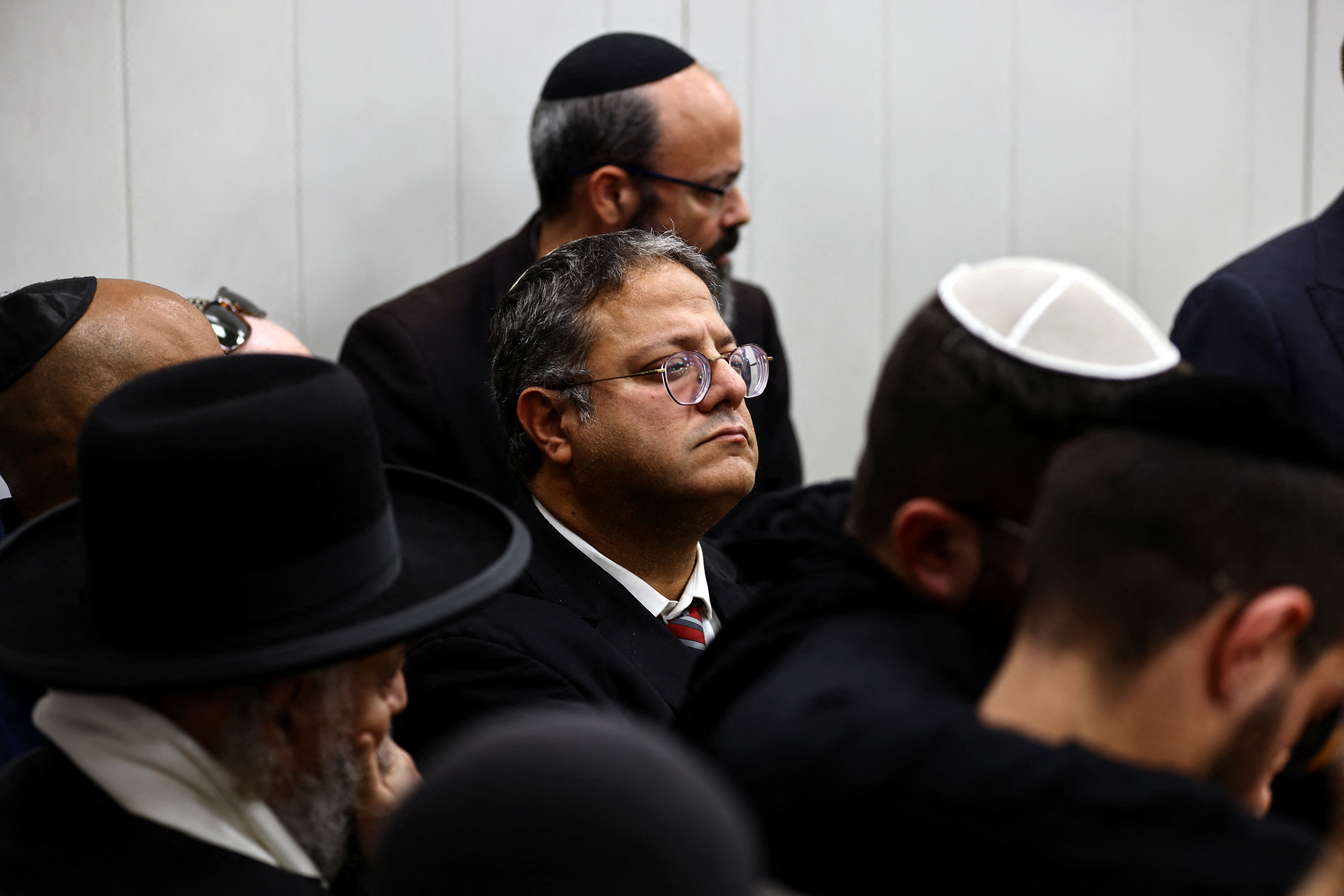 Israeli far-right legislator Itamar Ben Gvir at the funeral of Ronen Hanania who was killed in a shooting attack by a Palestinian man near Hebron.