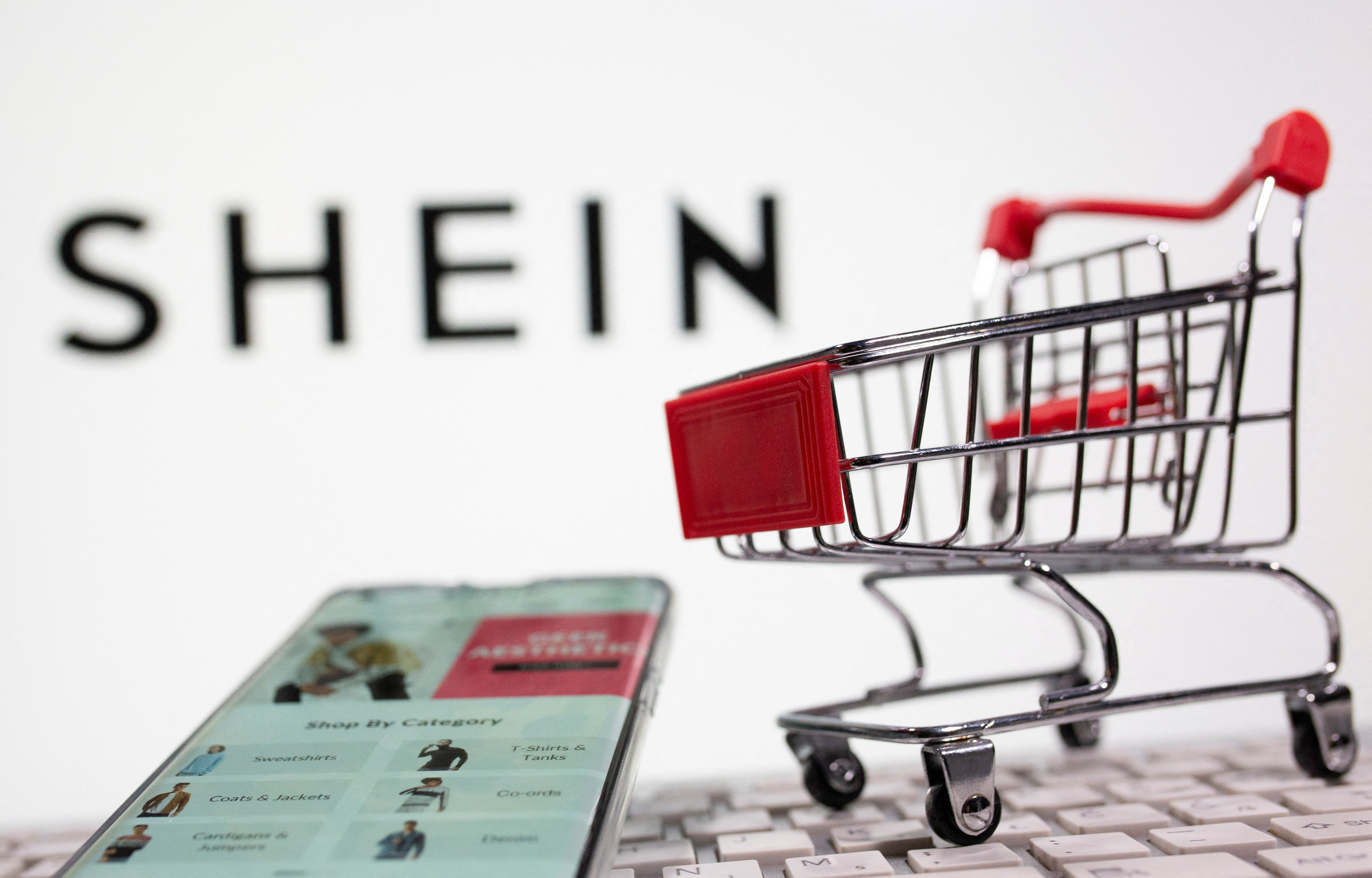A keyboard and a shopping cart are seen in front of a displayed Shein logo