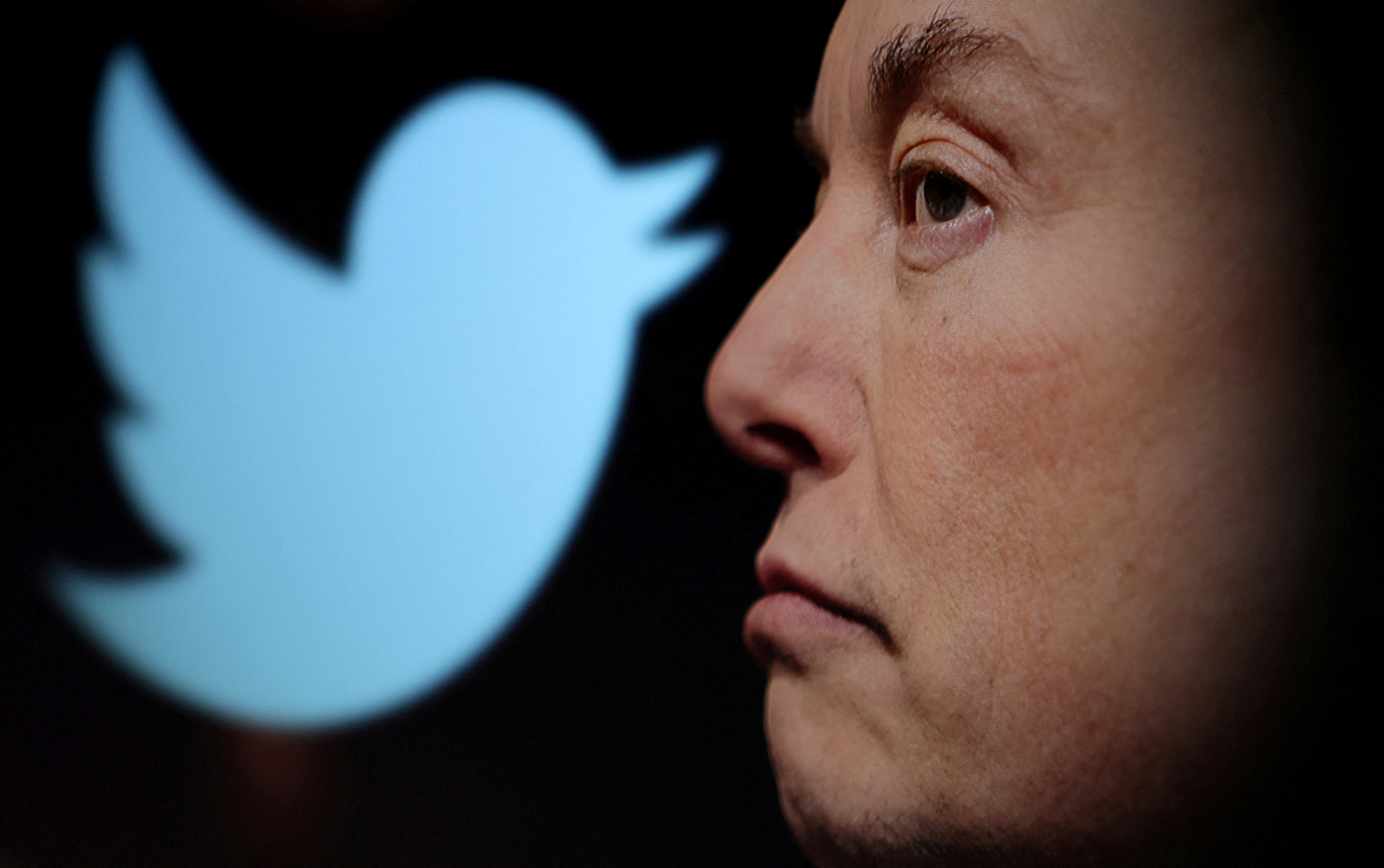 Profile of Musk with lips turned down, against a black background with a blue Twitter symbol on it.