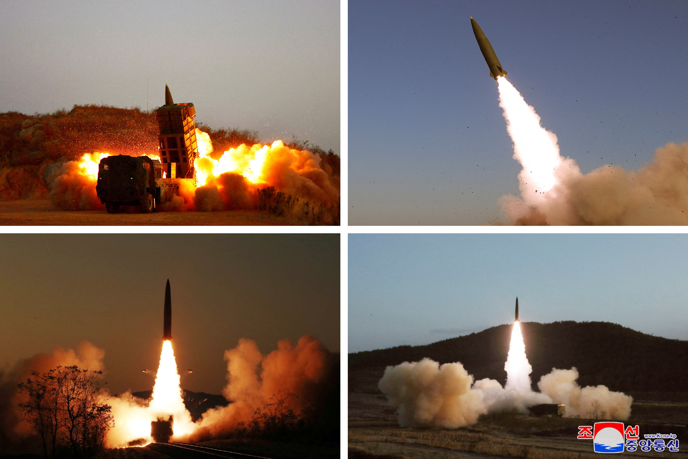 Four pictures of missiles flying blasting off