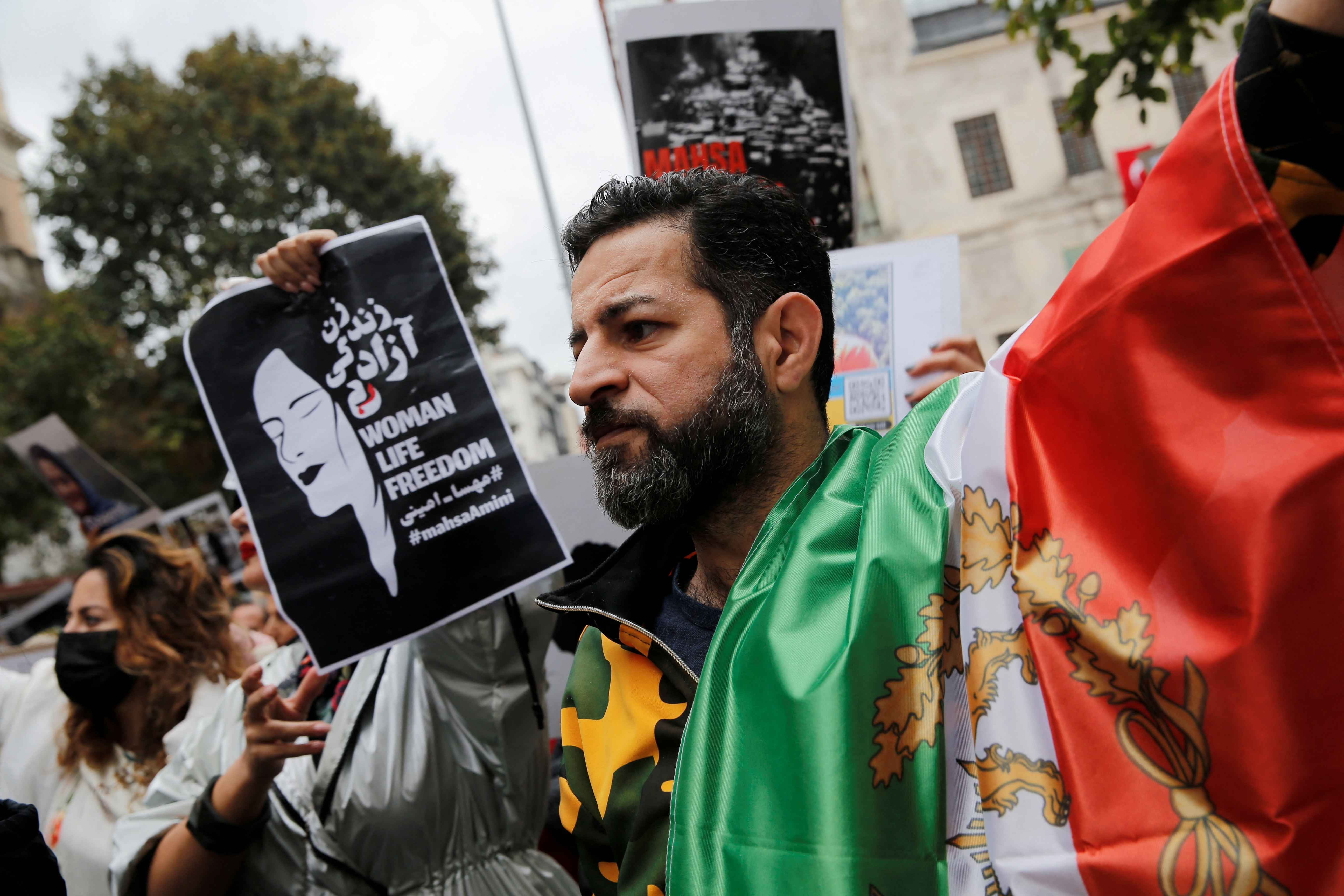 Demonstrators attend a protest in support of Iranian women and against the death of Mahsa Amini, near the Iranian consulate in Istanbul, Turkey
