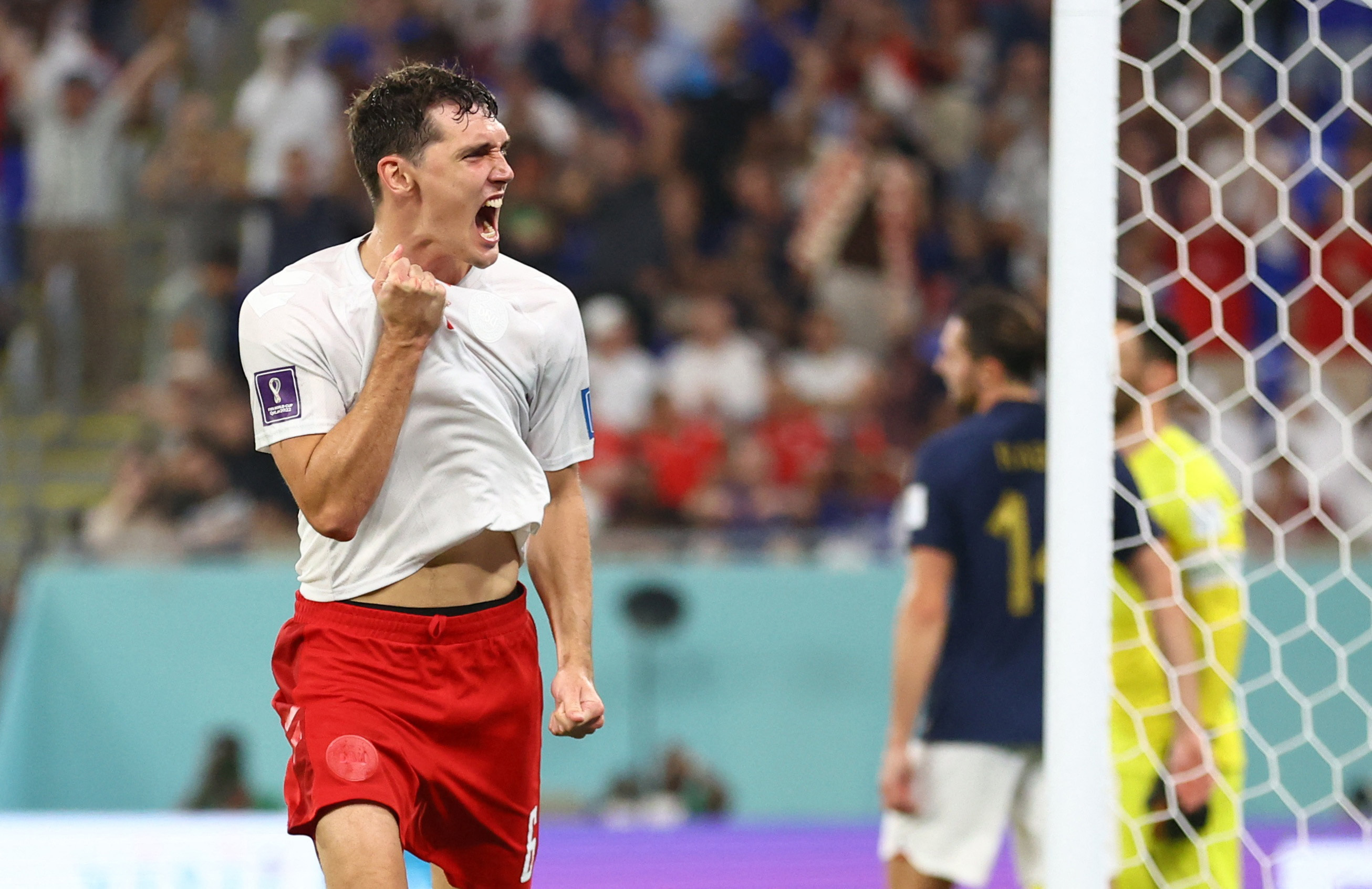 Denmark's Andreas Christensen celebrates scoring their first goal.