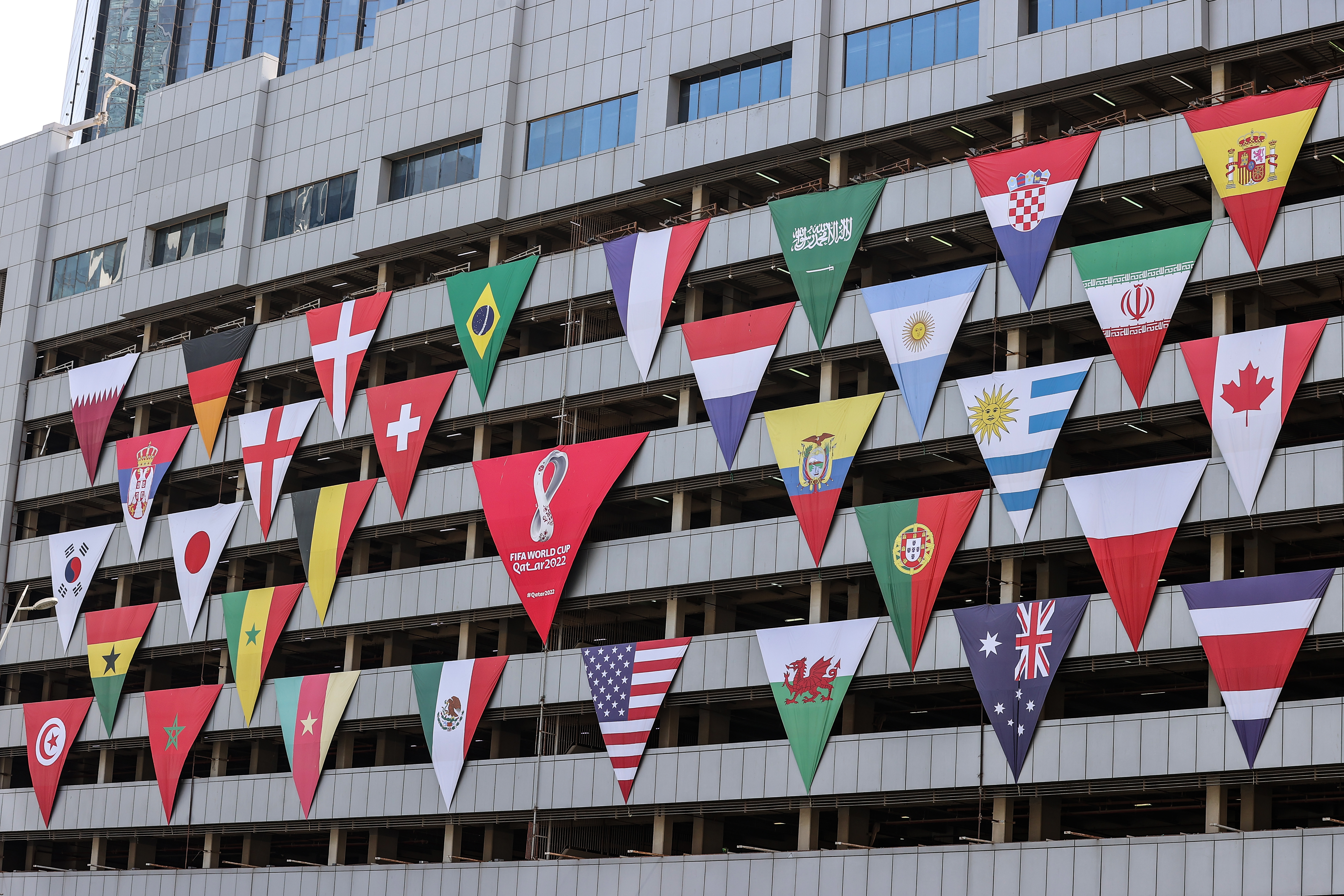 Flags of 32 competing countries in upcoming FIFA World Cup 2022 in Qatar.