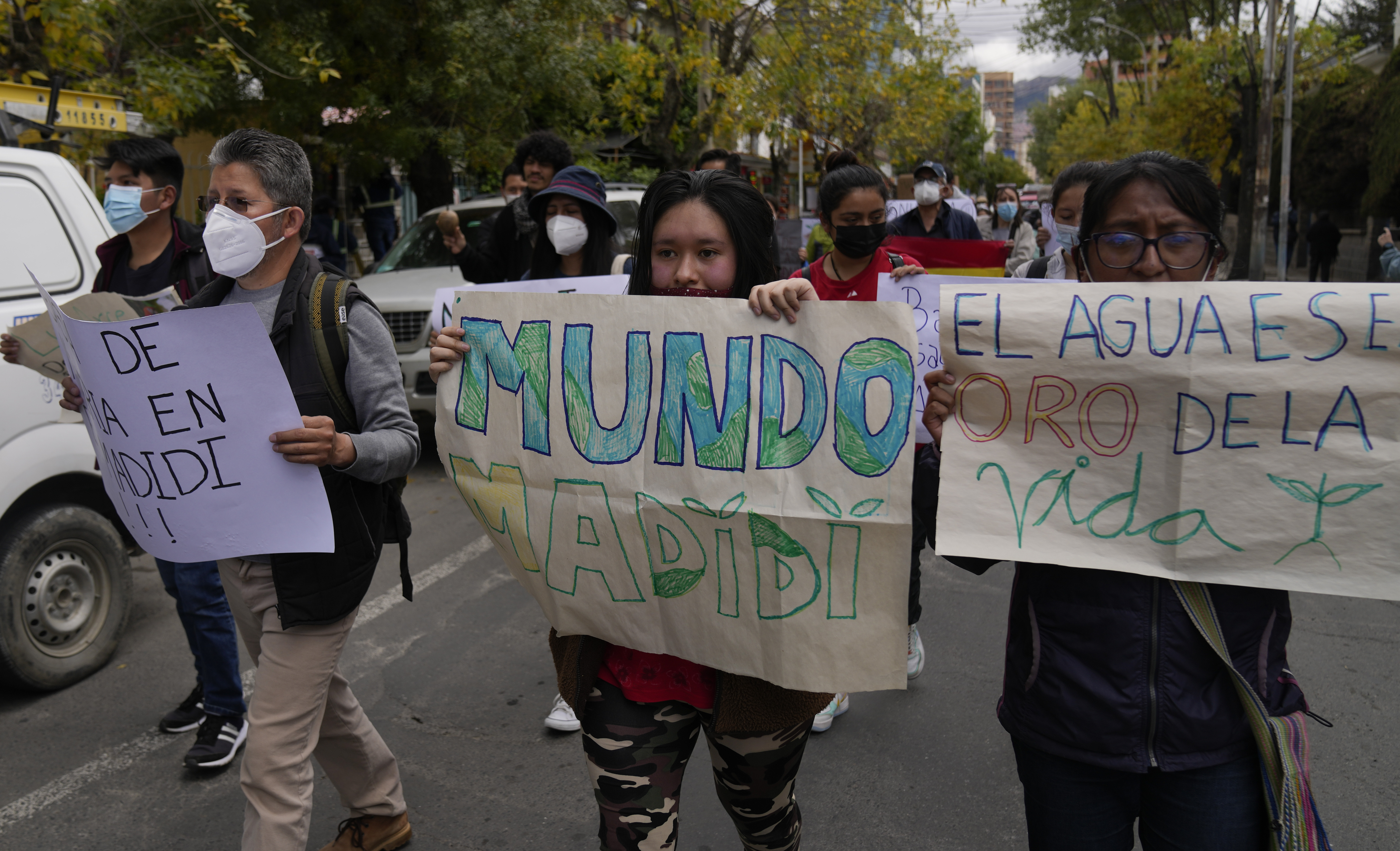 Protesters march in the Bolivian capital of La Paz with hand-written signs with slogans like "Madidi world."