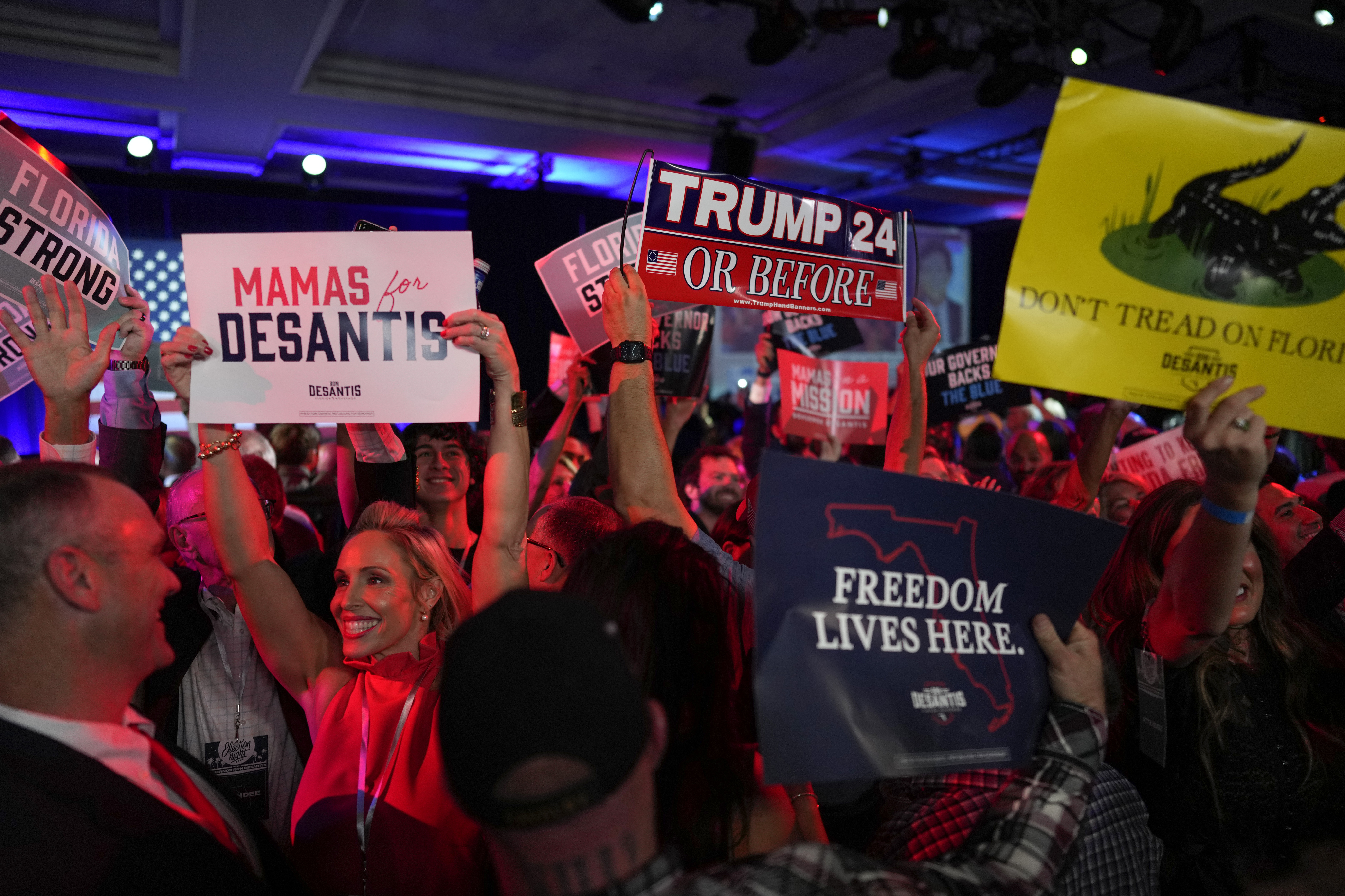 Supporters cheer after the race is called for incumbent Florida Republican Gov. Ron DeSantis.