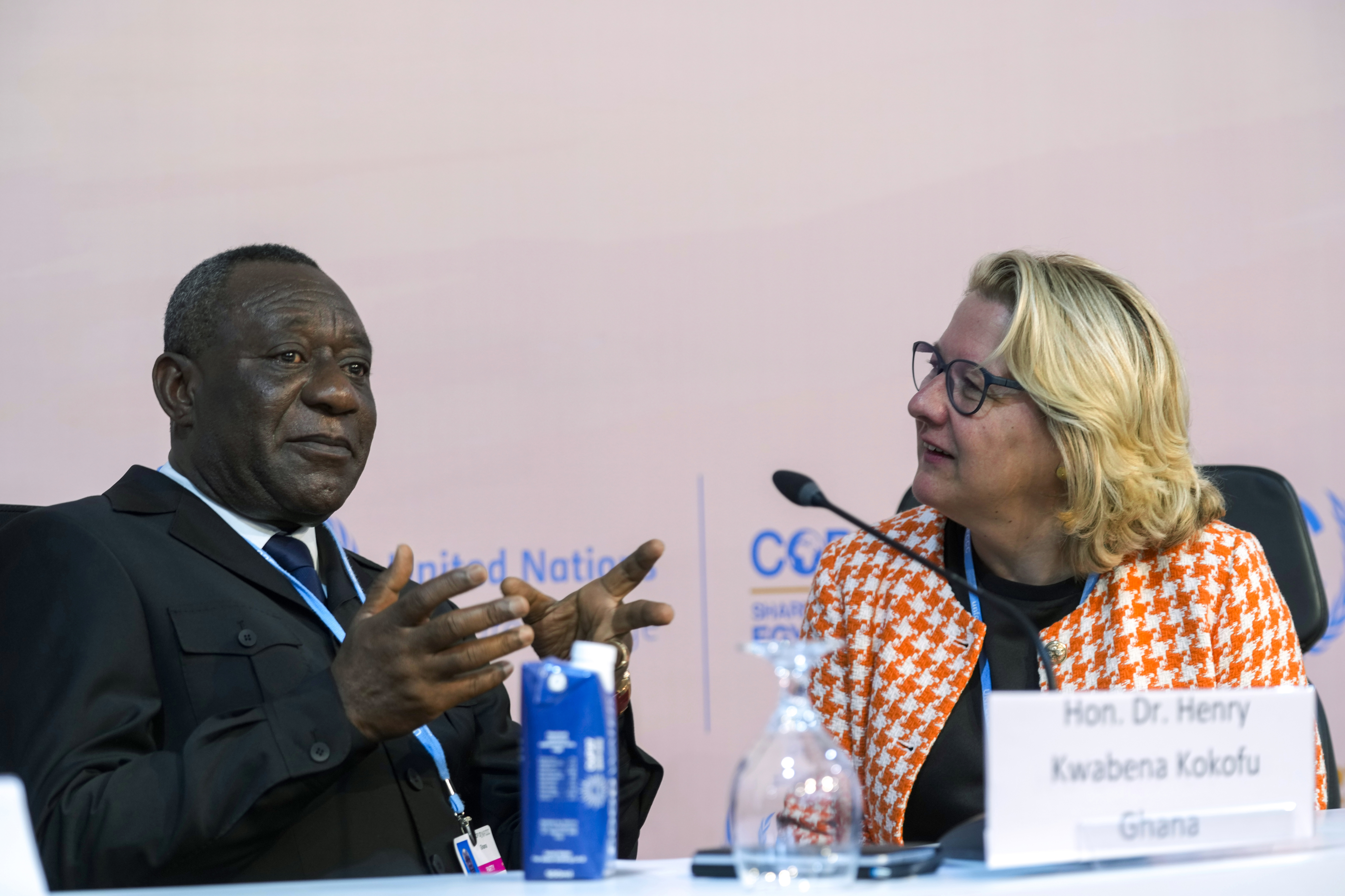 Henry Kwabena Kokofu, of Ghana, left, and Svenja Schulze, of Germany, talk at a session at the COP27