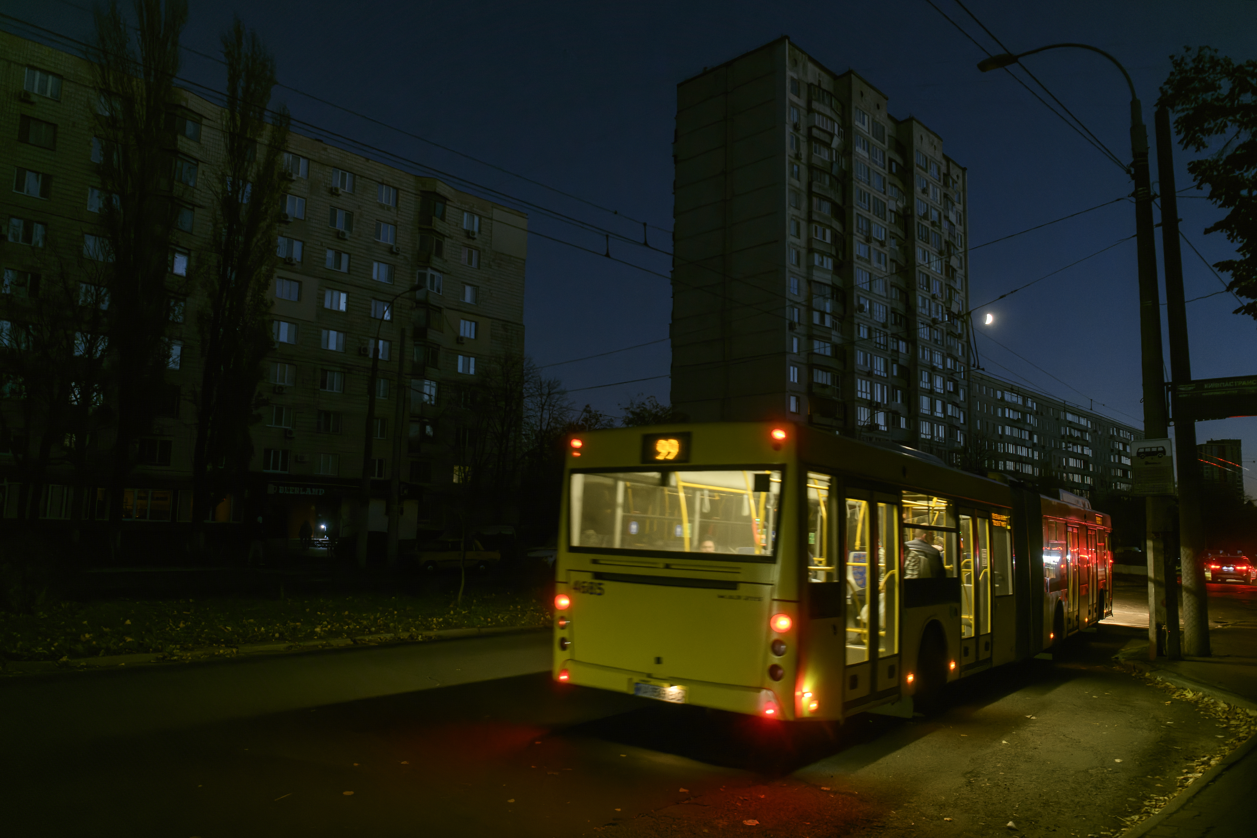 Unilluminated street and residential blocks during a blackout.