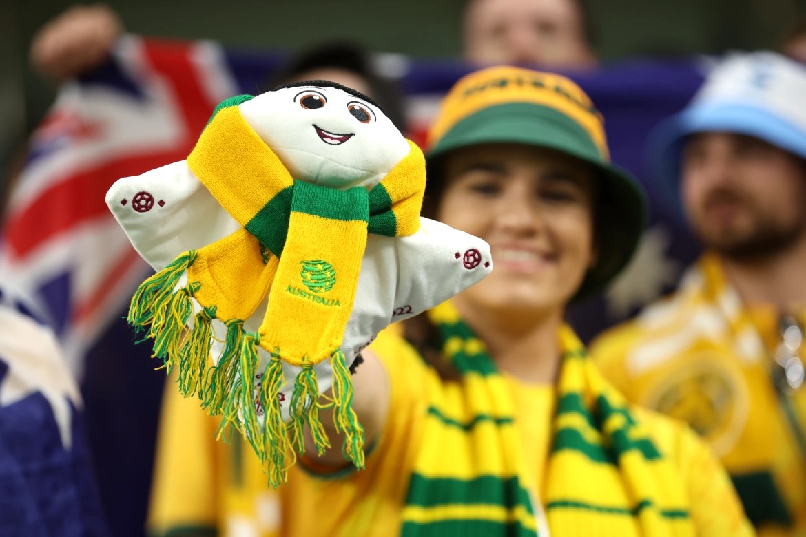 Australia fans inside the stadium before the match. A narrow victory put the Socceroos through to the last 16 for the first time since 2006, while Denmark crashes out of the tournament