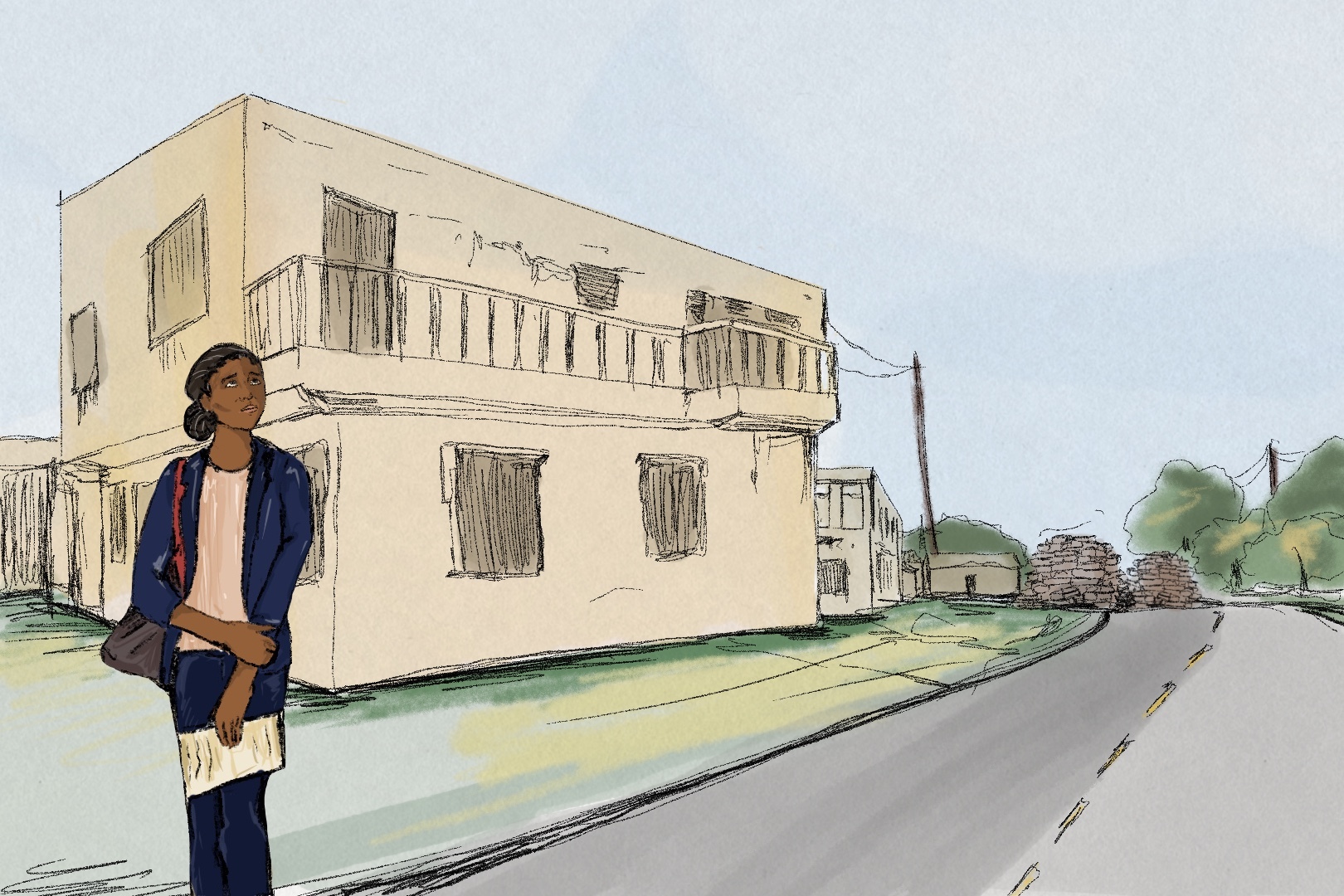 An illustration of a woman standing outside a building holding a file folder in her hand