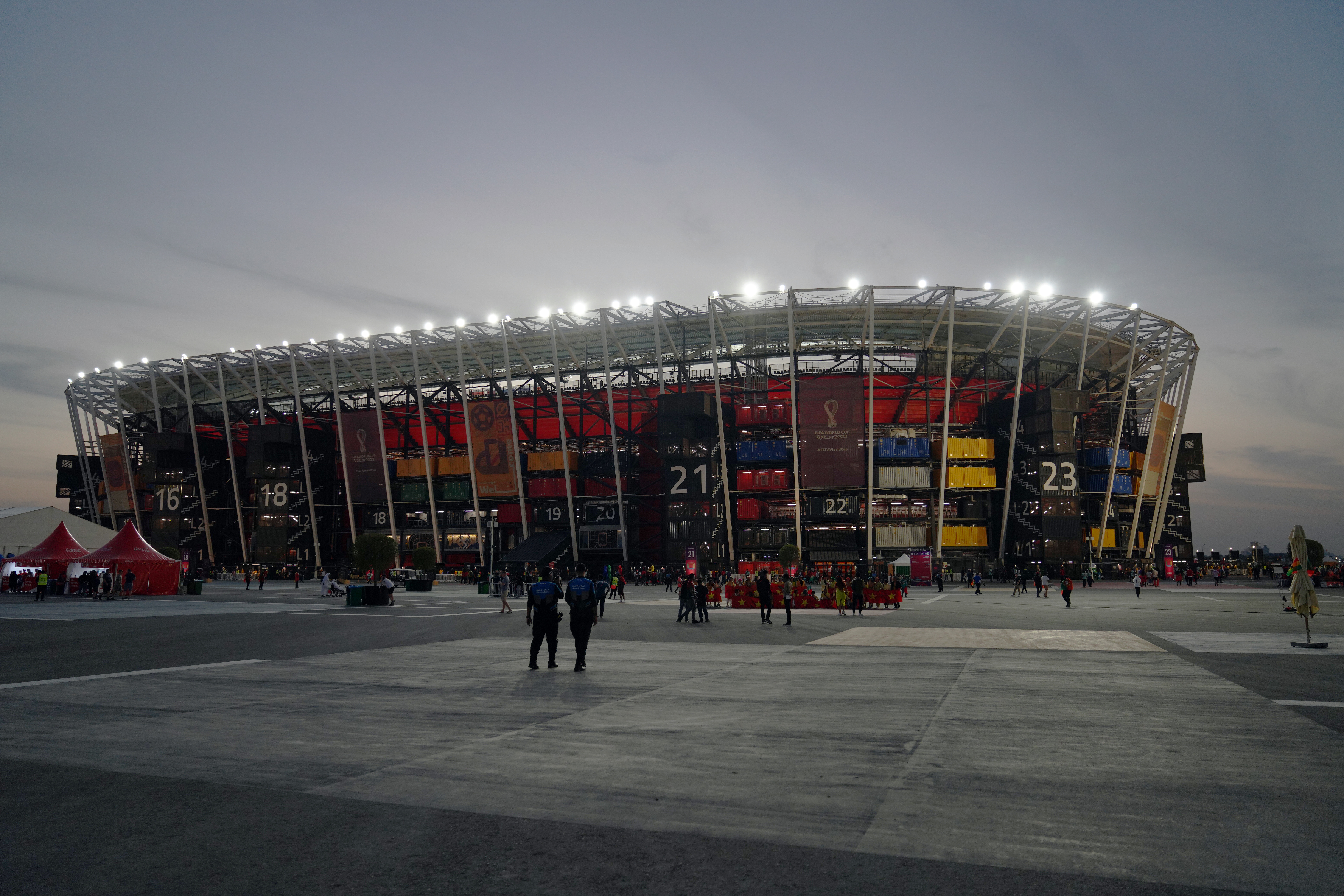 974 Stadium from the outside, lit up in the evening light