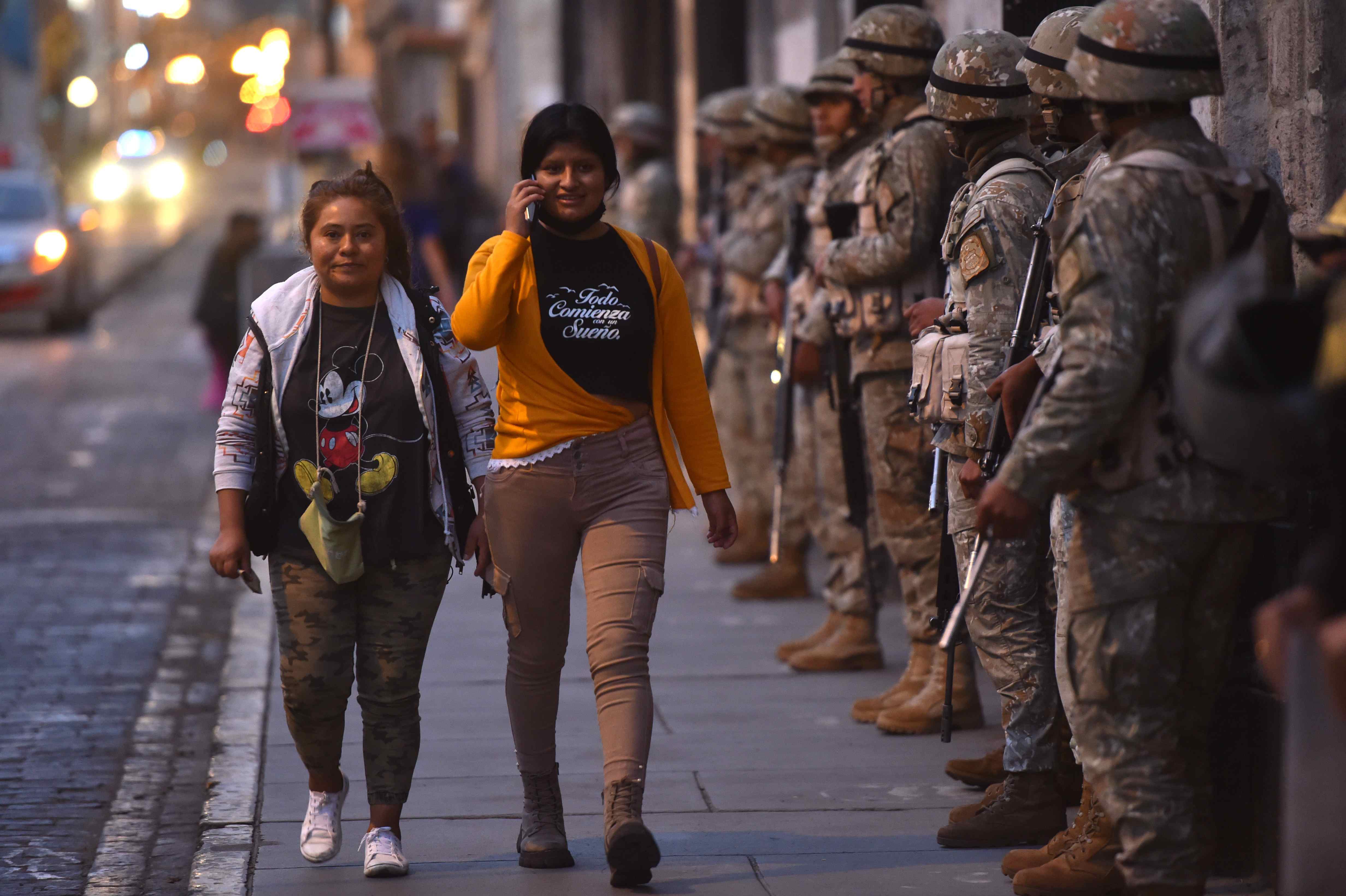 Soldiers guard the streets in the center of Arequipa, Peru