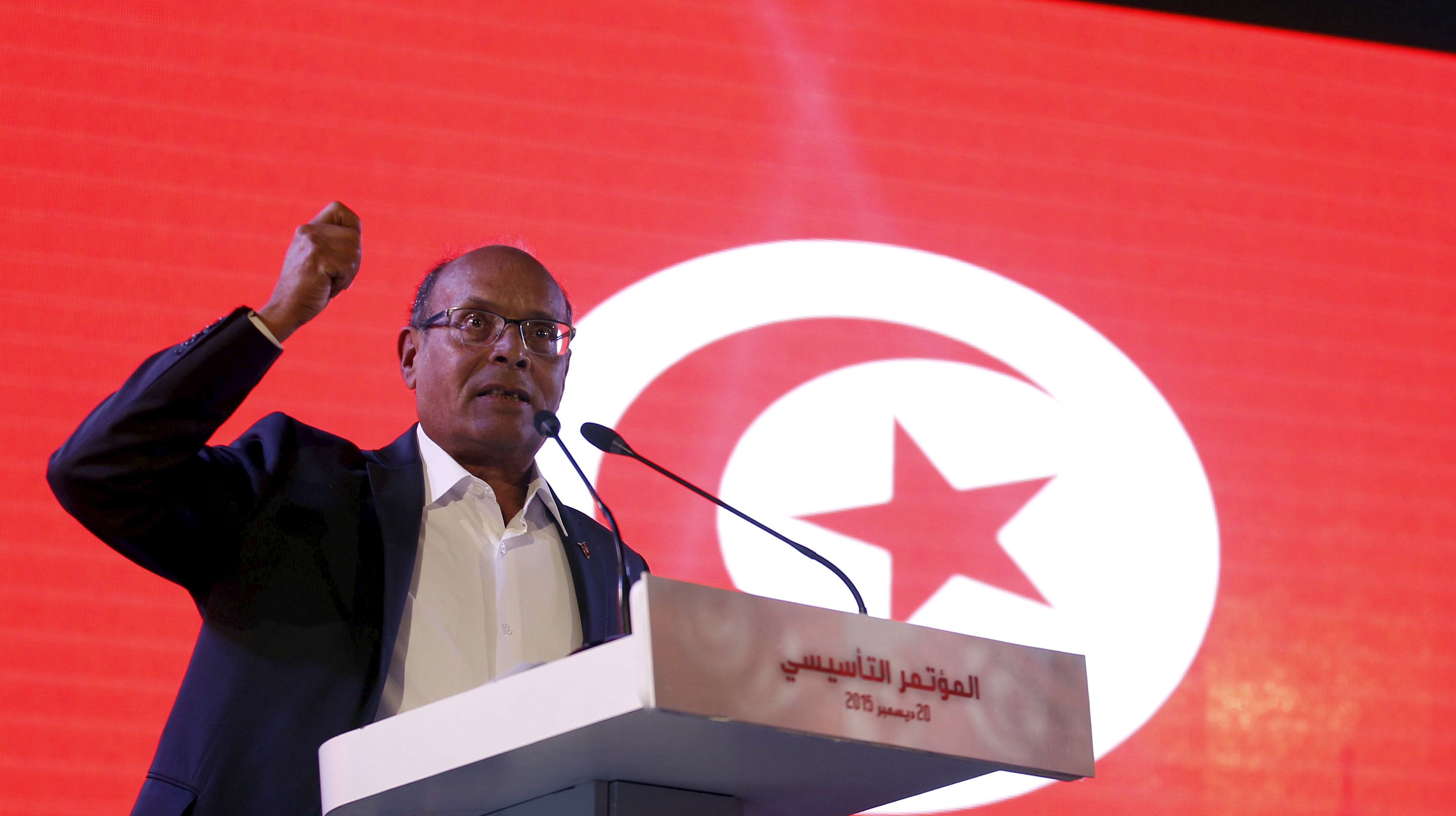 Former Tunisian President Moncef Marzouki speaks at a meeting to launch his new political party in Tunis, Tunisia December 20, 2015. REUTERS/Zoubeir Souissi