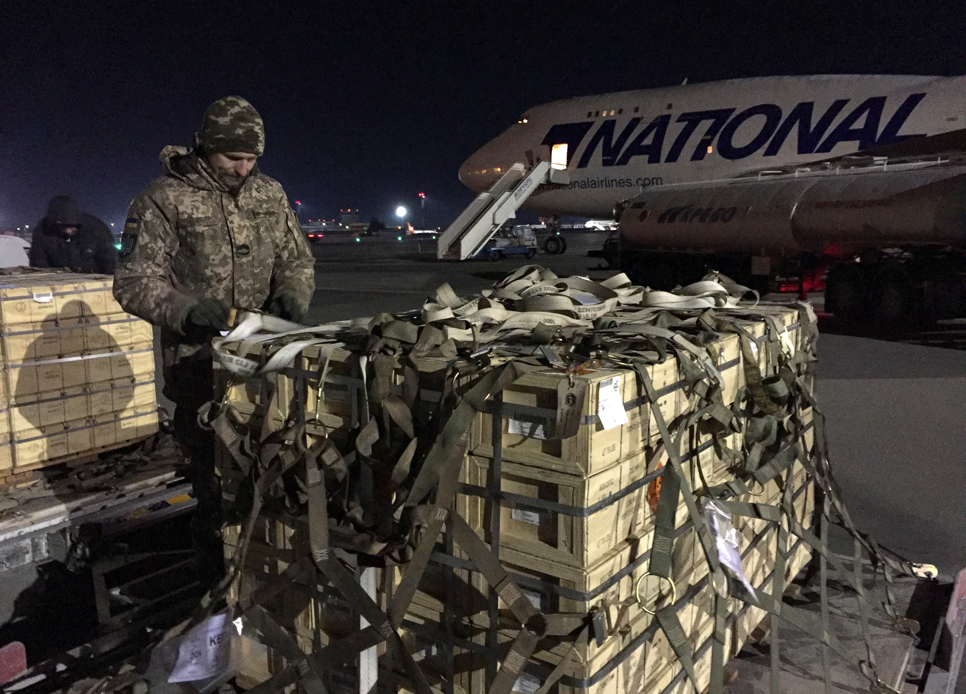 Military aid, delivered as part of the United States' security assistance to Ukraine, is unloaded from a plane at the Boryspil International Airport outside Kyiv