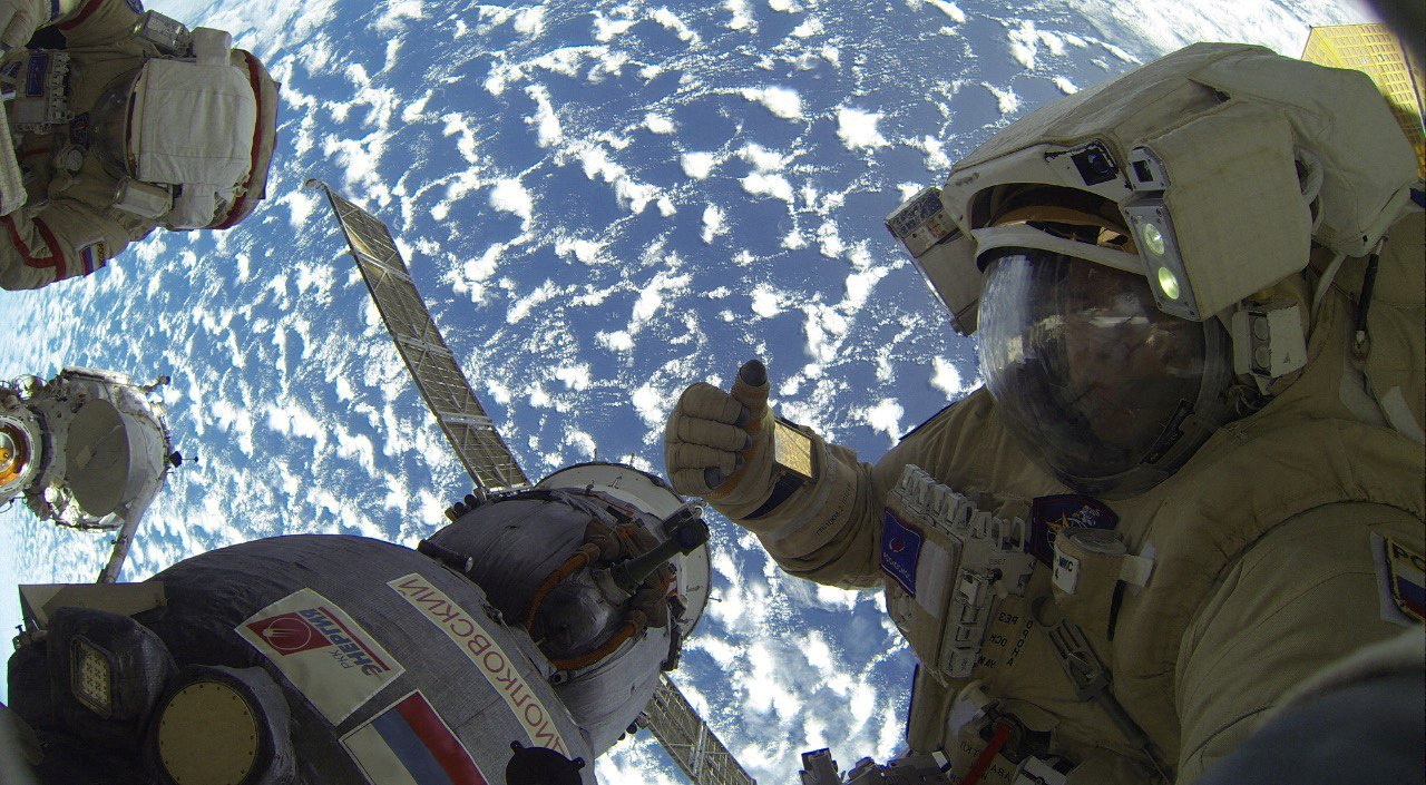 Roscosmos cosmonauts Sergey Prokopyev and Dmitry Petelin conduct a spacewalk outside the International Space Station (ISS), on November 17, 2022 [File:Roscosmos/handout via Reuters]