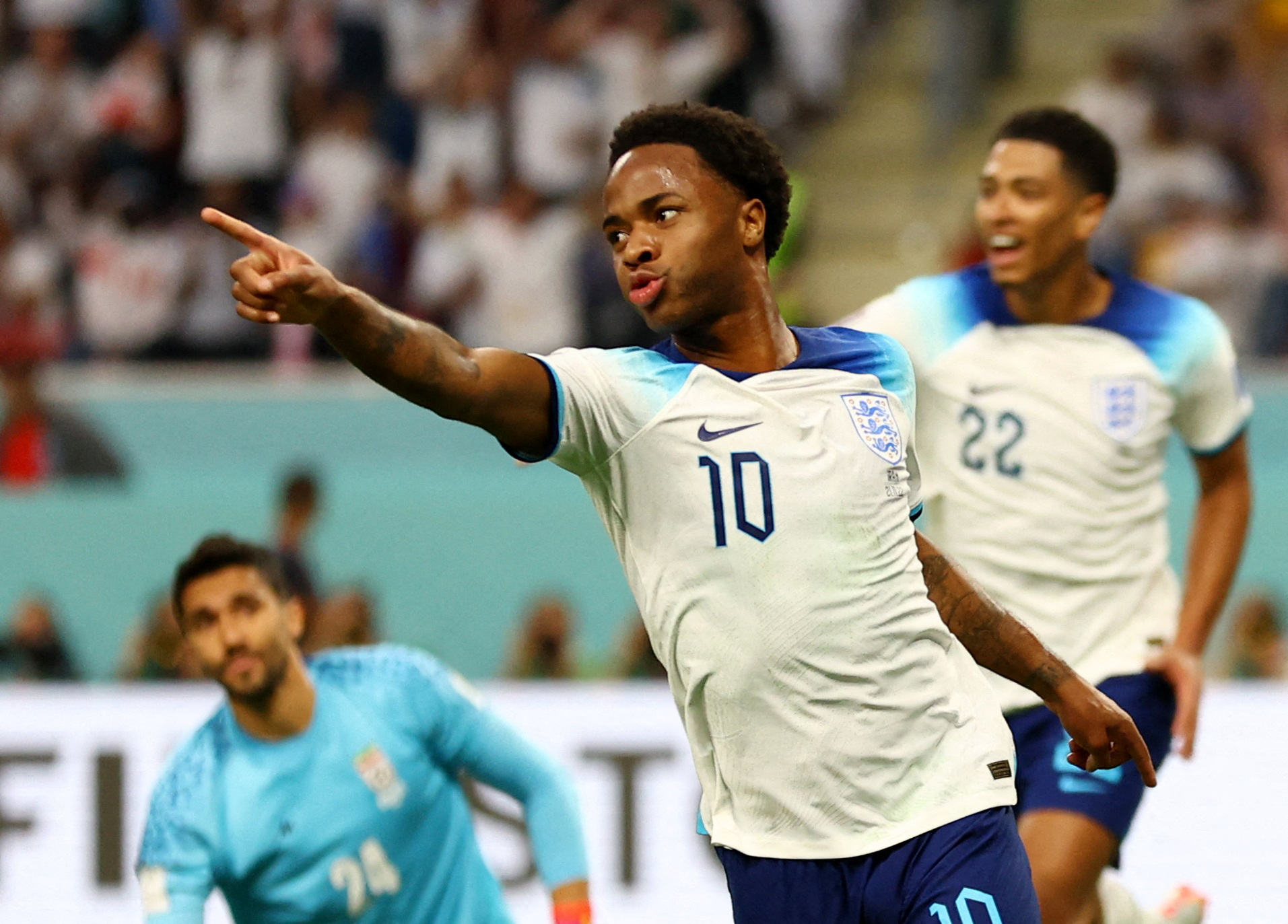 England's Raheem Sterling celebrates scoring their third goal against Iran in November.