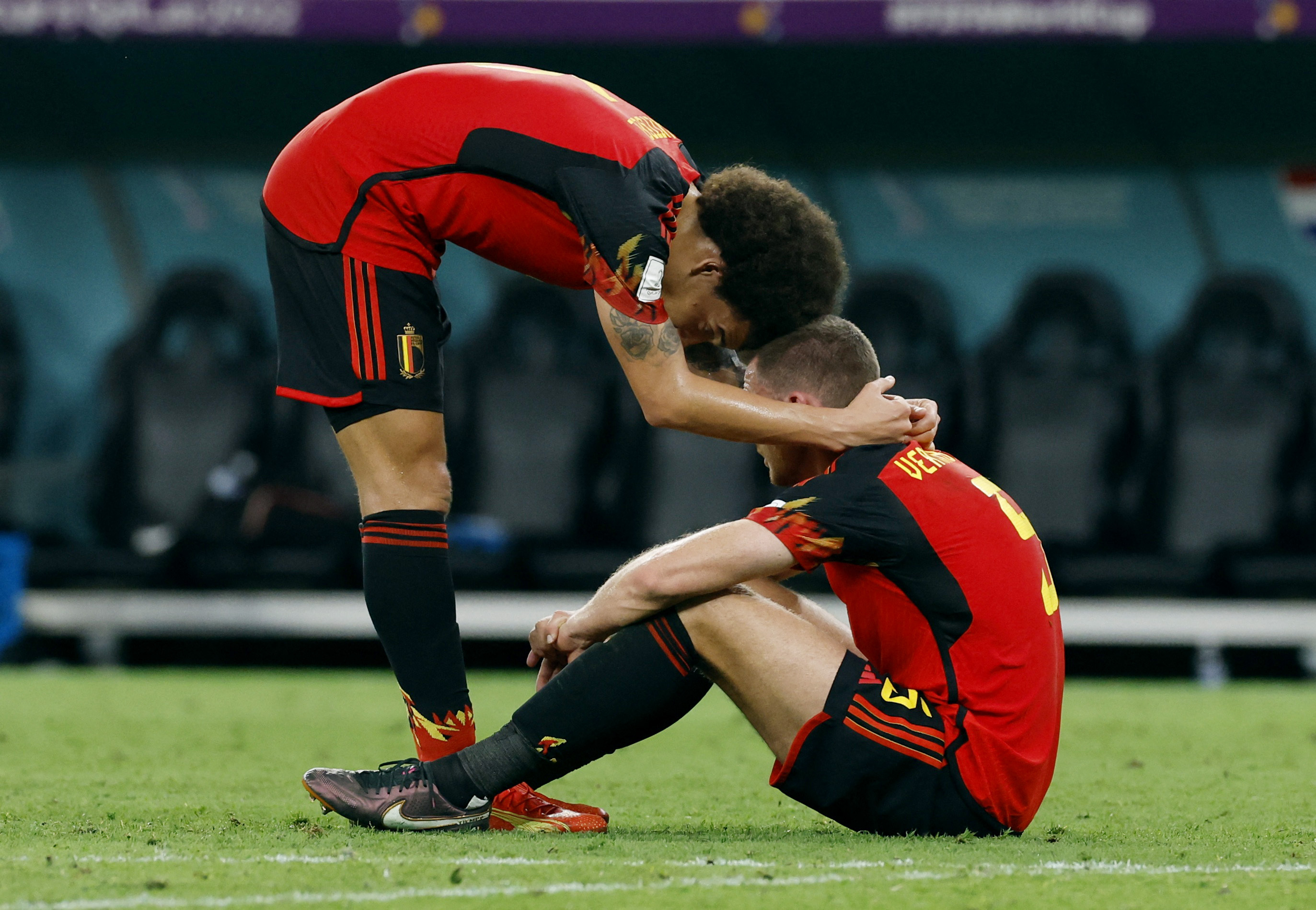 Belgium's Axel Witsel and Jan Vertonghen look dejected after the match as Belgium are eliminated from the World Cup