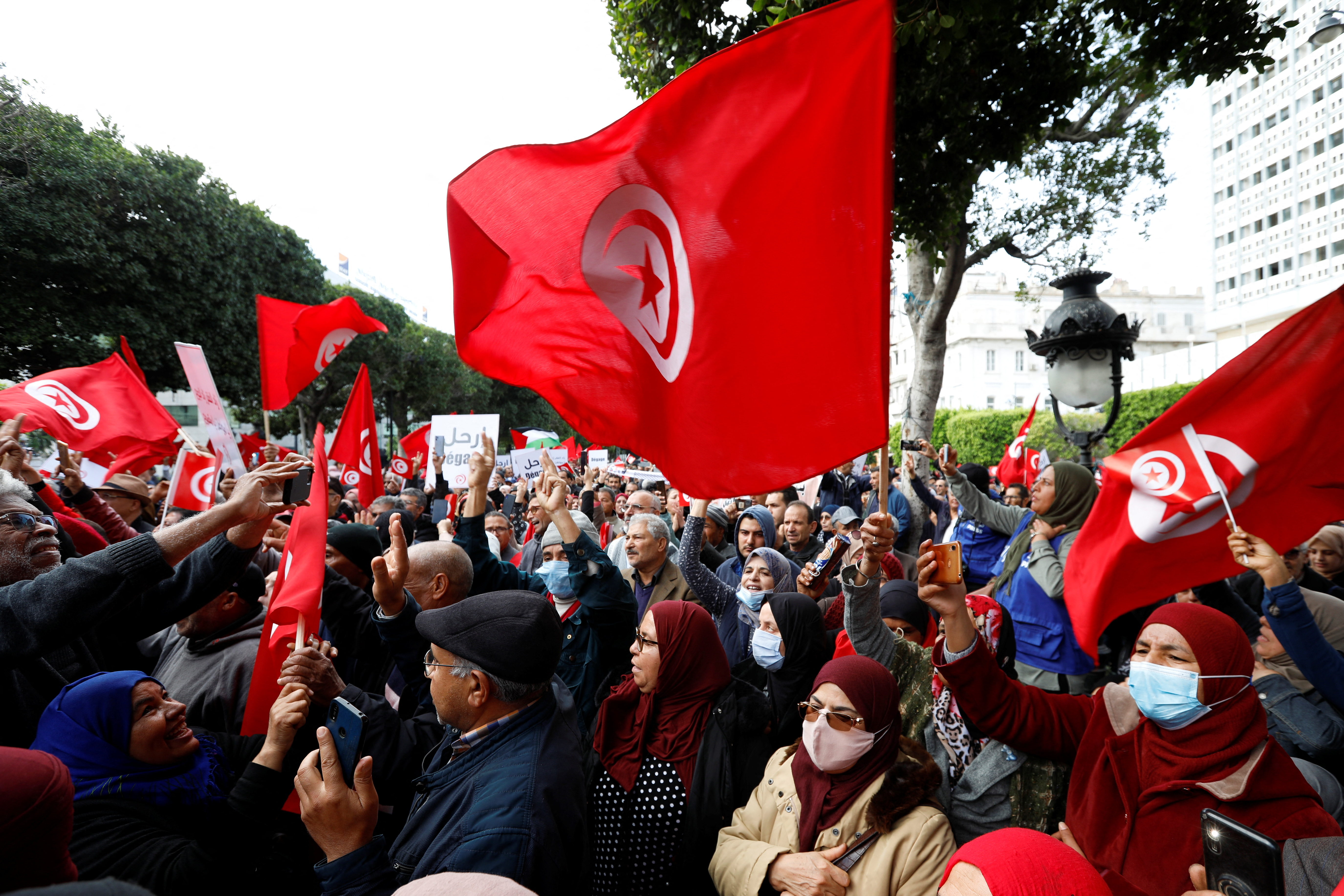 Supporters of Tunisian opposition groups protest against the upcoming parliamentary election in Tunis, Tunisia December 10, 2022. REUTERS/Zoubeir Souissi