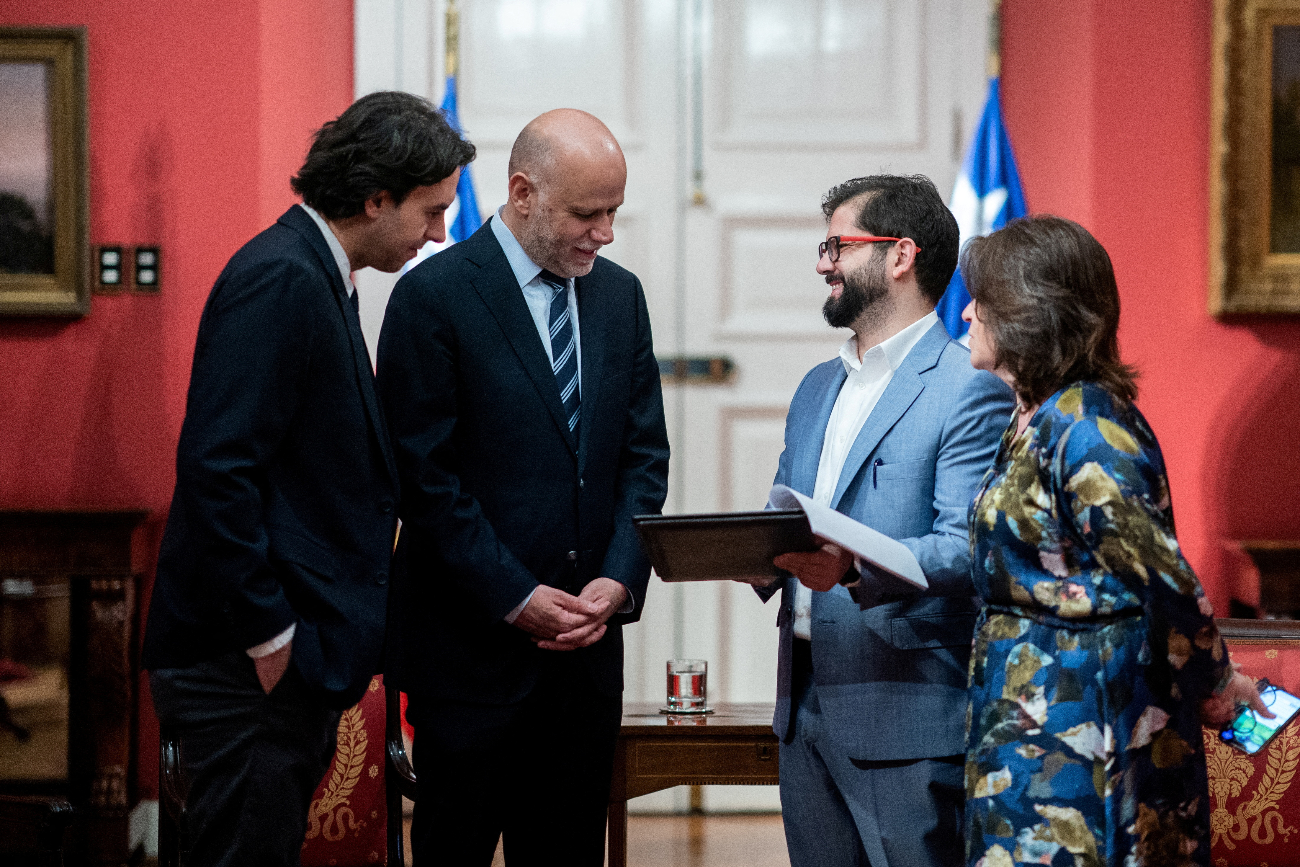 Chile's President Gabriel Boric meets with President of the Senate Alvaro Elizalde, Minister Secretary General of the Presidency Ana Lya Uriarte and President of the Chamber of Deputies Vlado Mirosevic.