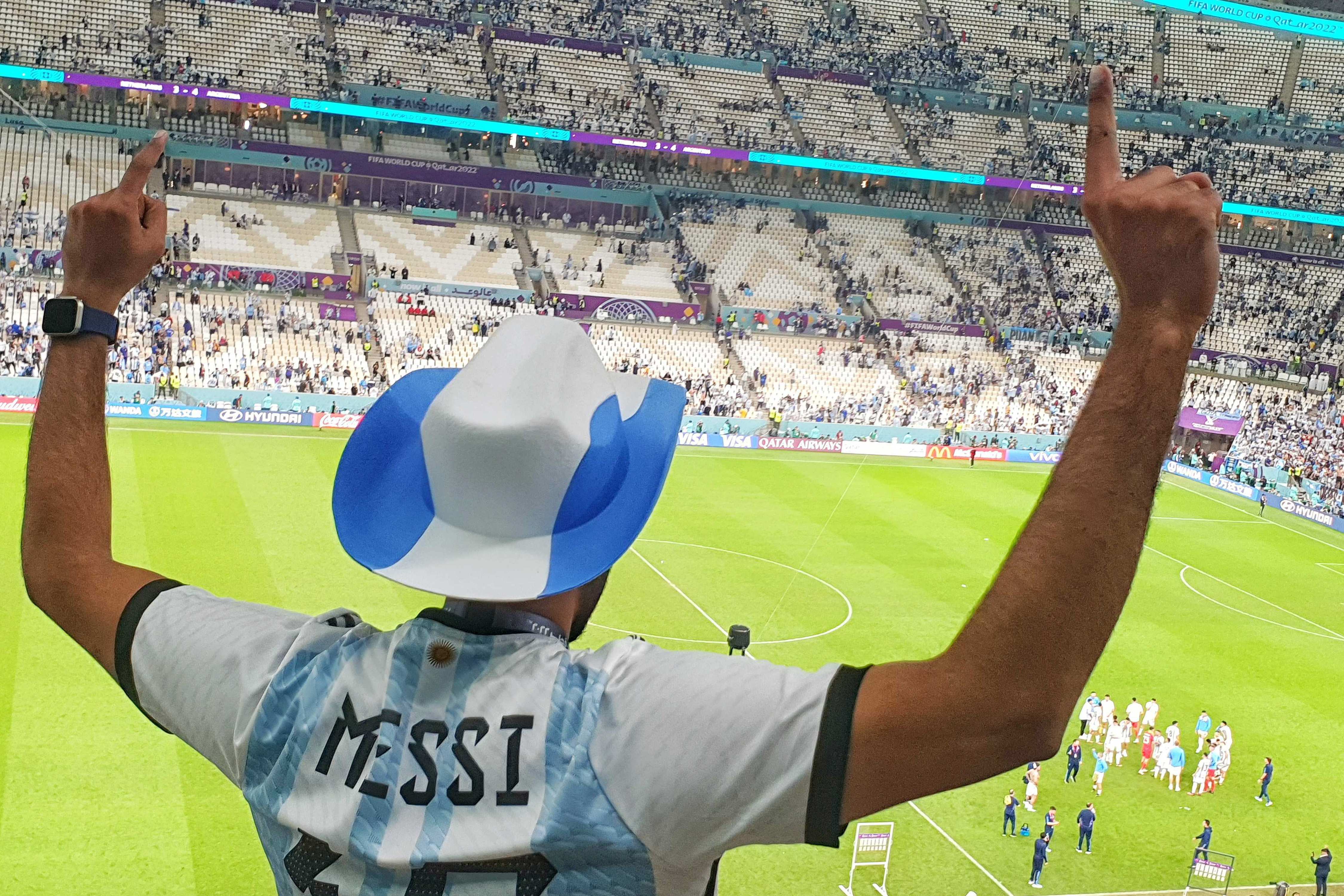 Argentina supporter Jasim Jamal from India at the Argentina vs Netherlands FIFA World Cup match at Lusail Stadium, Qatar, on December 9, 2022 [Hamza Mohamed/Al Jazeera]