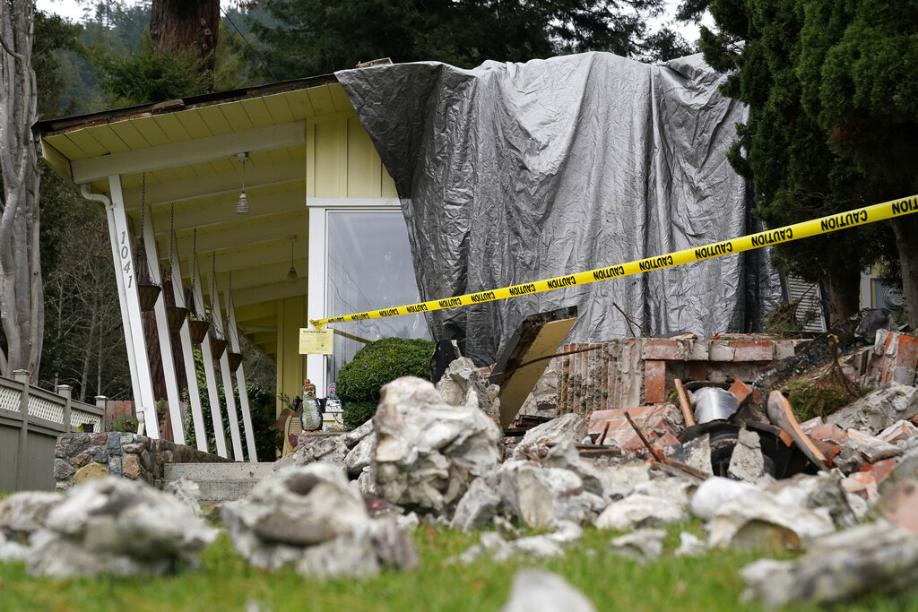 A home damaged by an earthquake can be seen in Rio Dell, California.
