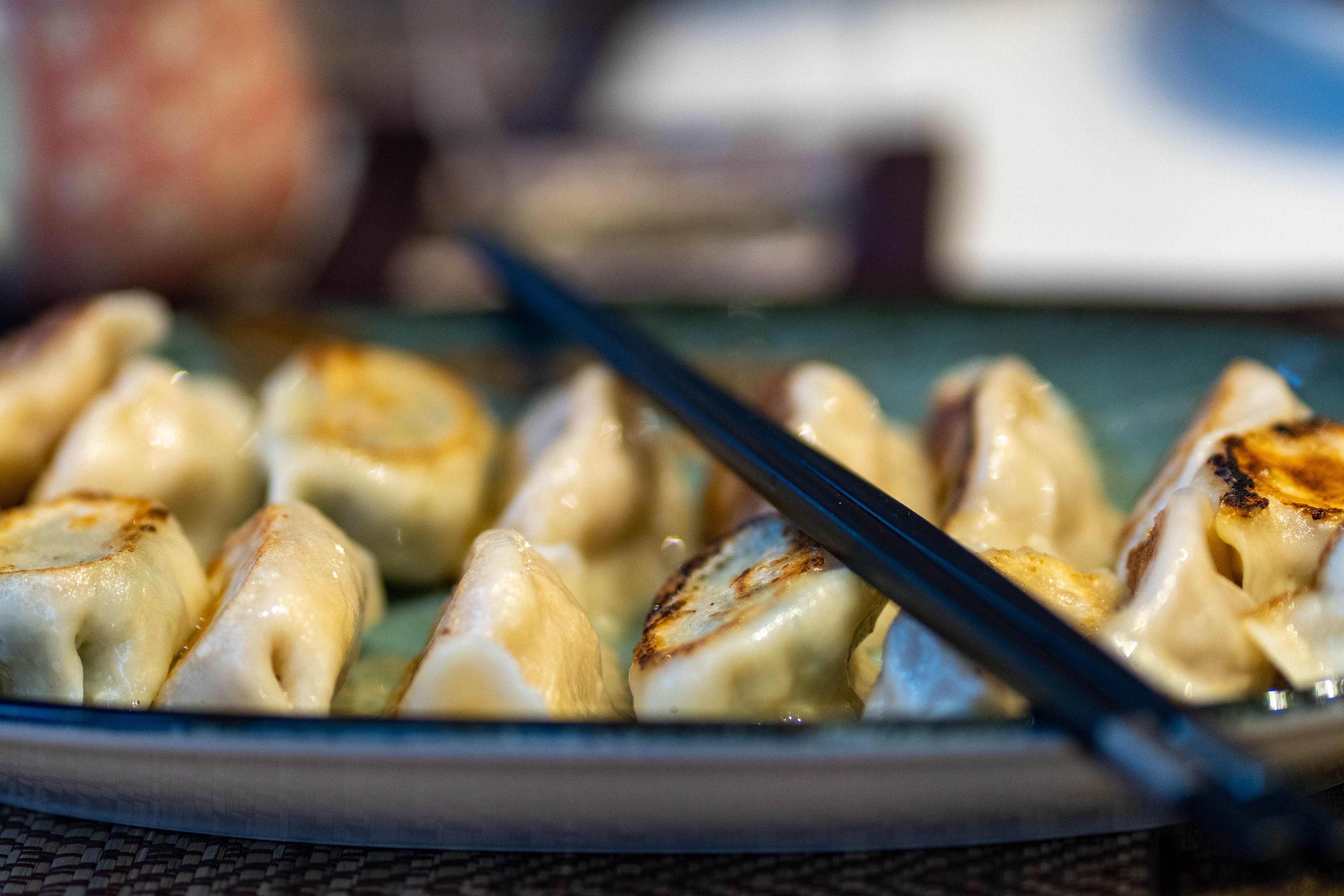 closeup of a platter of potsticker dumplings