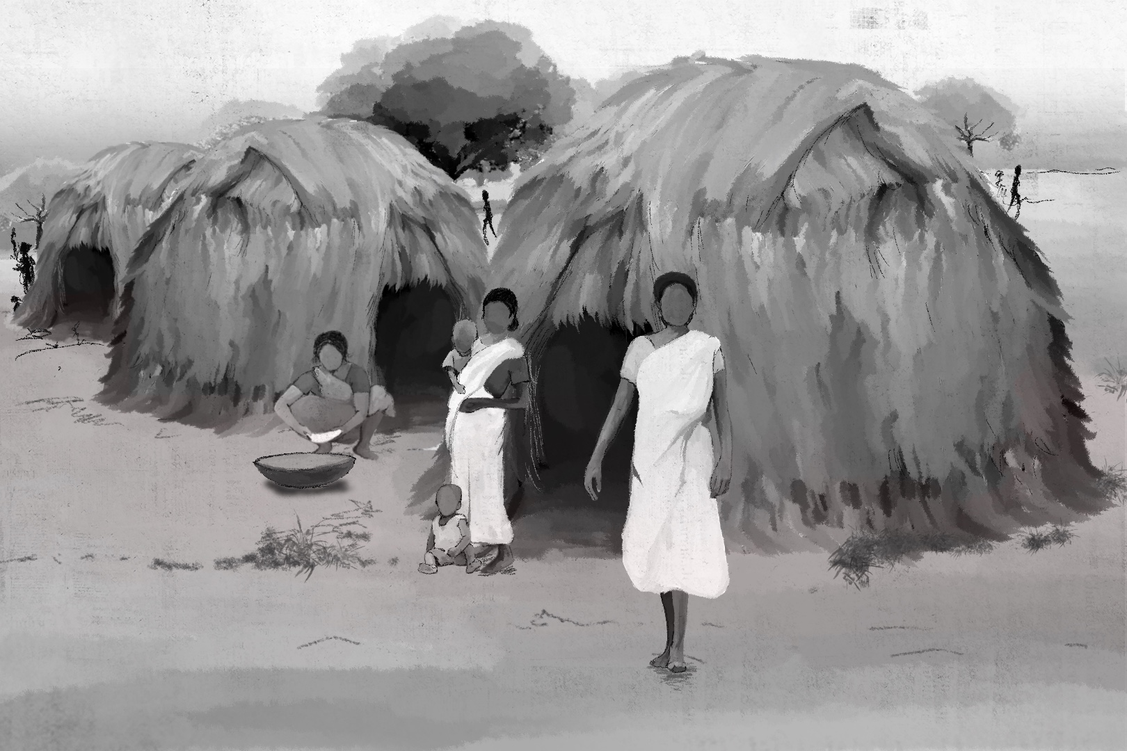 An illustration of three women and a baby standing outside a hut.