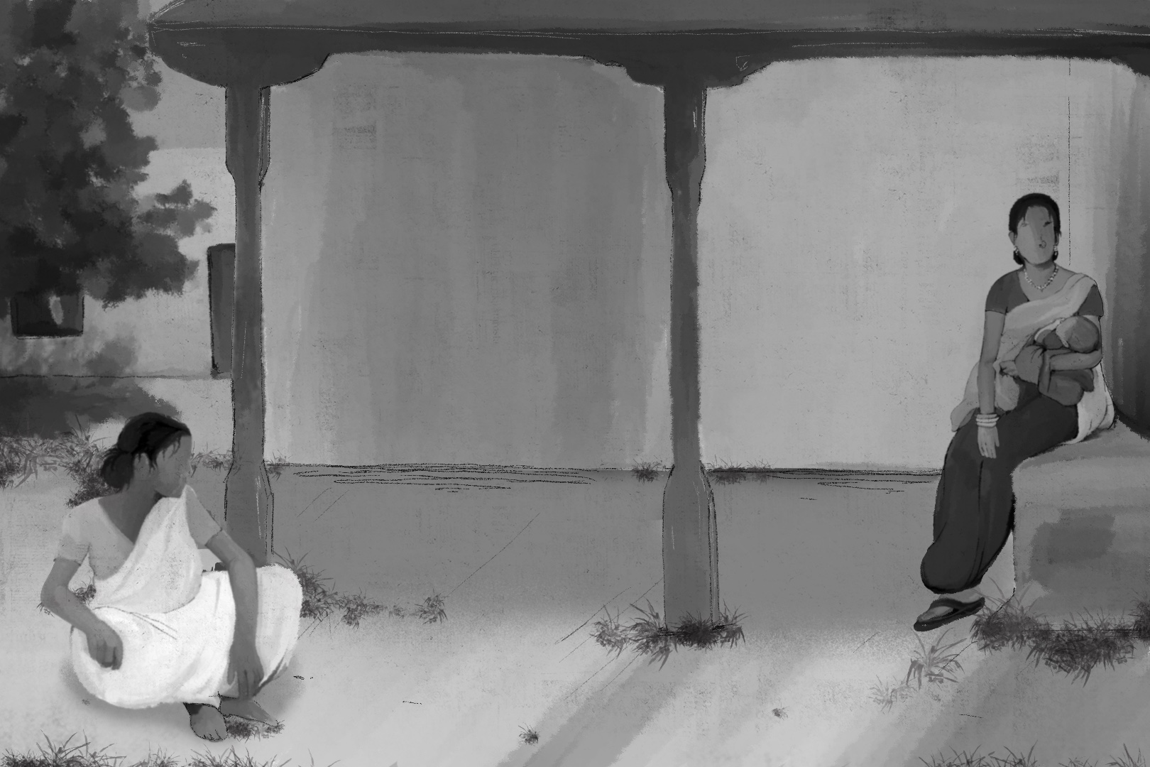 An illustration of two people sitting far apart, the one on the left is sat on the ground, the one on the right is sat on a bench.