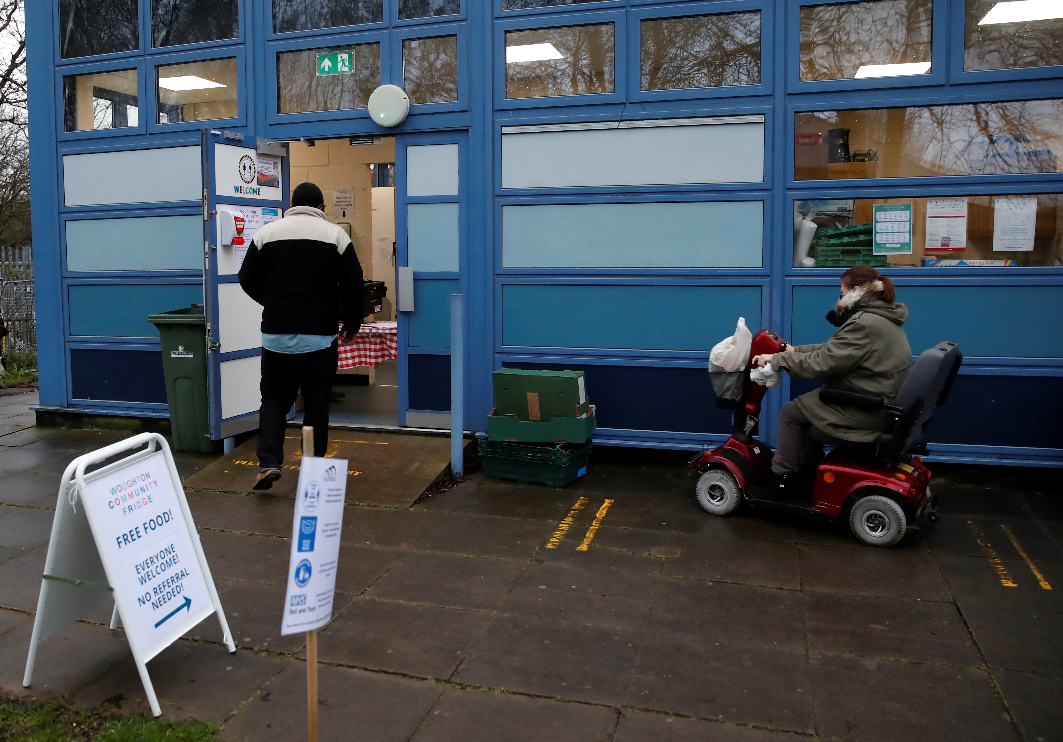 A general view outside the Woughton Community Fridge as it supports the local community with surplus quality food from supermarkets and businesses that is near the expiration or best before date, amid the coronavirus disease (COVID-19) outbreak, in Milton Keynes, Britain