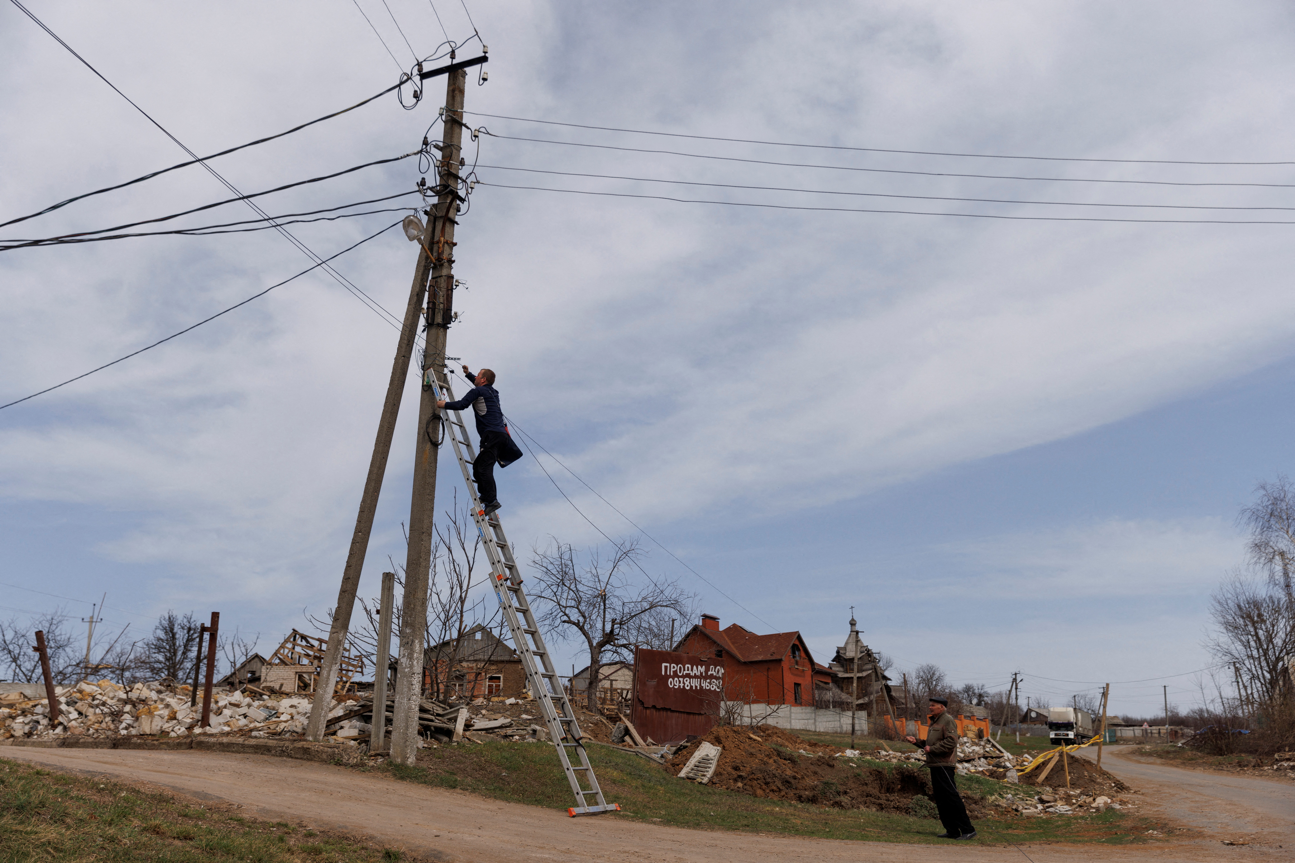 workers install internet cables
