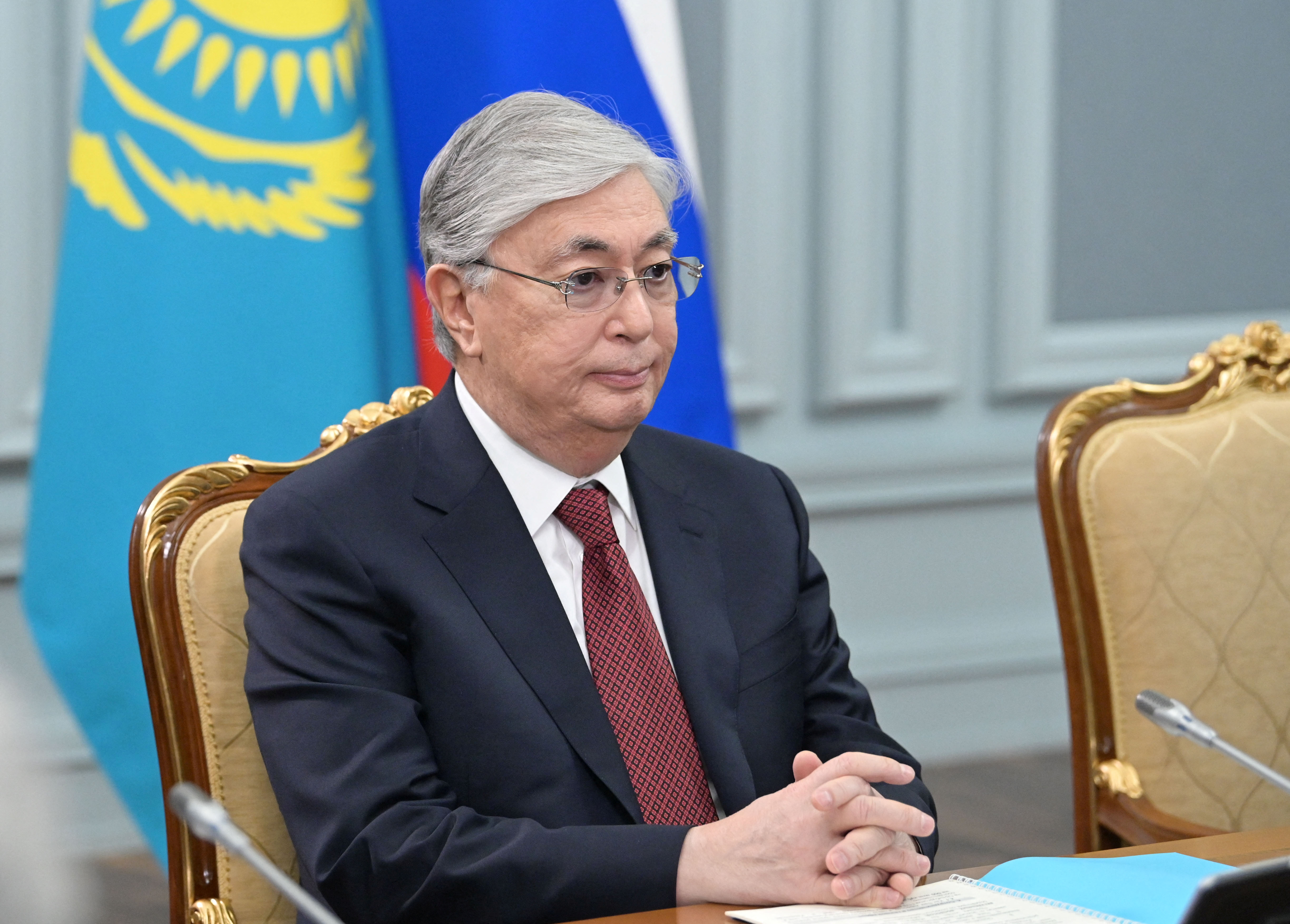 Kazakh President Kassym-Jomart Tokayev attends a meeting with Russian Prime Minister Mikhail Mishustin in Moscow, Russia November 28, 2022. Sputnik/Alexander Astafyev /Pool via REUTERS ATTENTION EDITORS - THIS IMAGE WAS PROVIDED BY A THIRD PARTY.