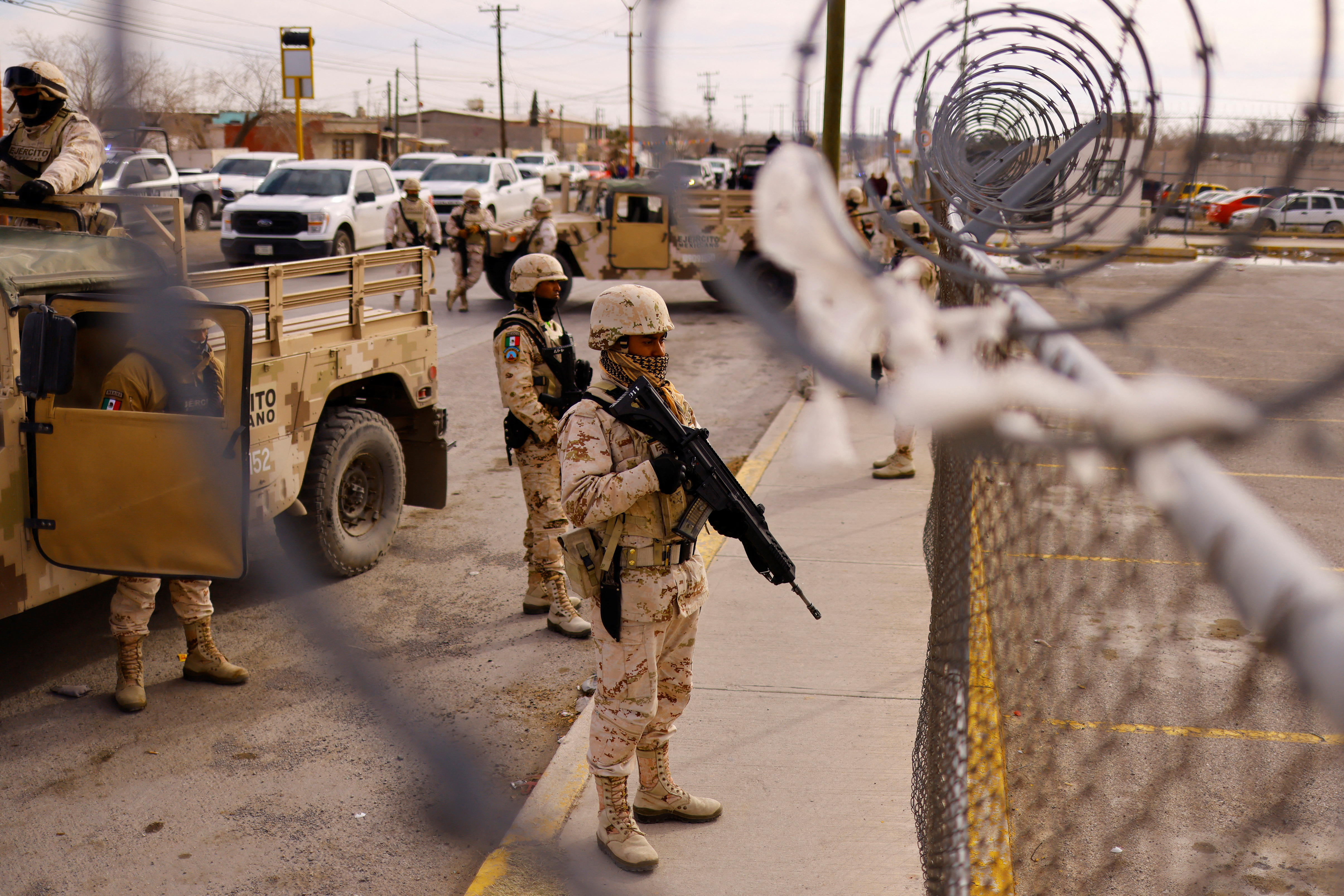 Members of the Mexican Army arrive at Cereso number 3 state prison after unknown assailants entered the prison and freed several inmates.