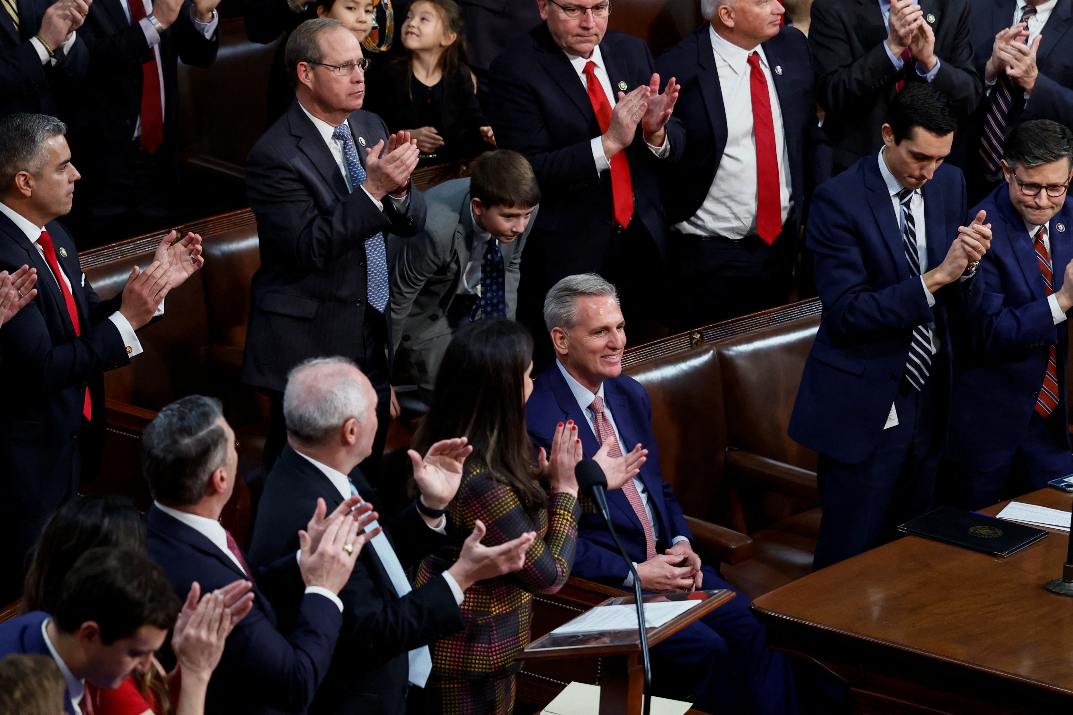 US House Republican leader Kevin McCarthy is applauded by Republican members of the House after being nominated to be the next Speaker of the House before a vote for speaker in the House Chamber on the first day of the new Congress.