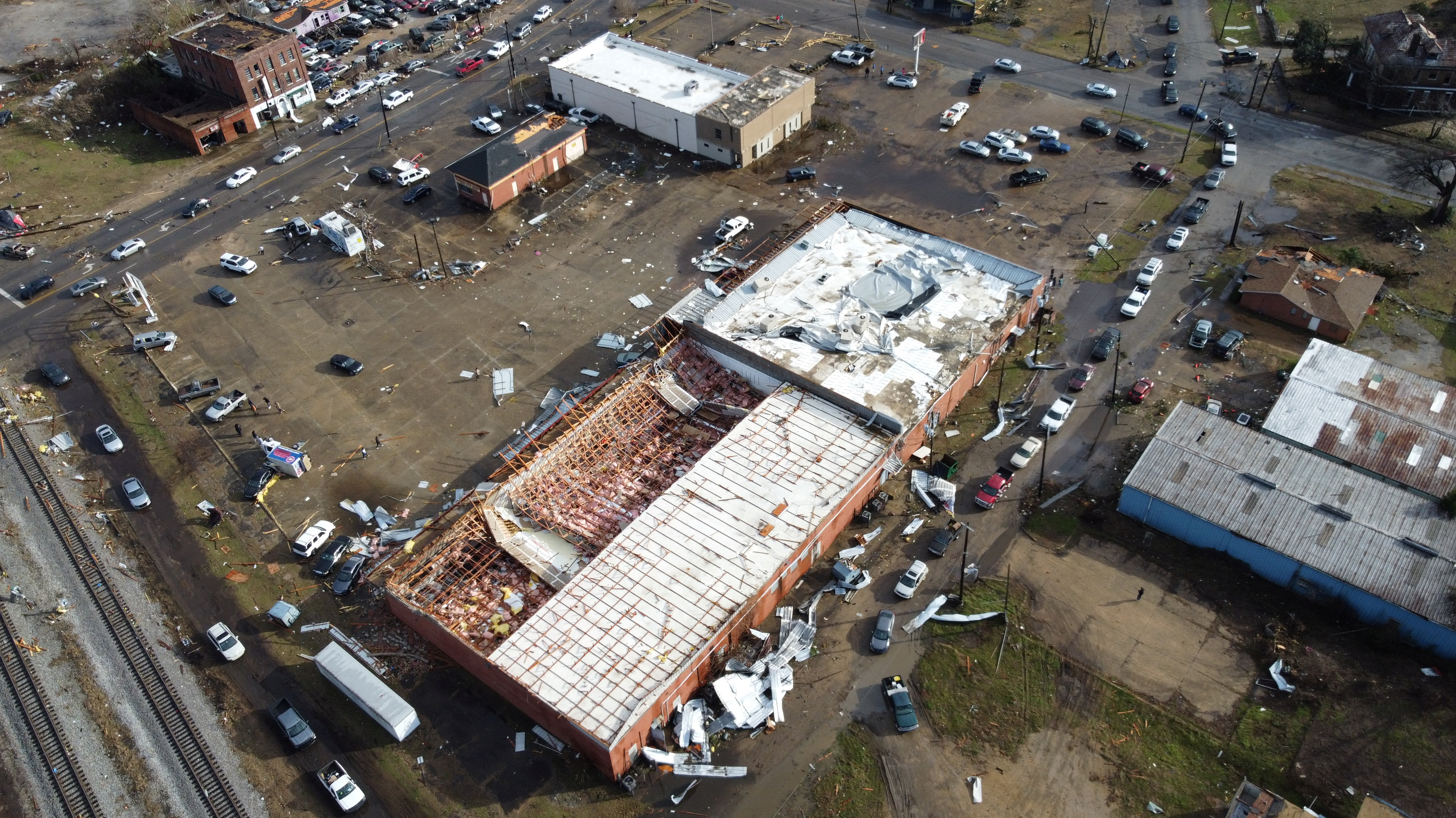 An aerial view shows damage after a tornado ripped through Selma, Alabama, US