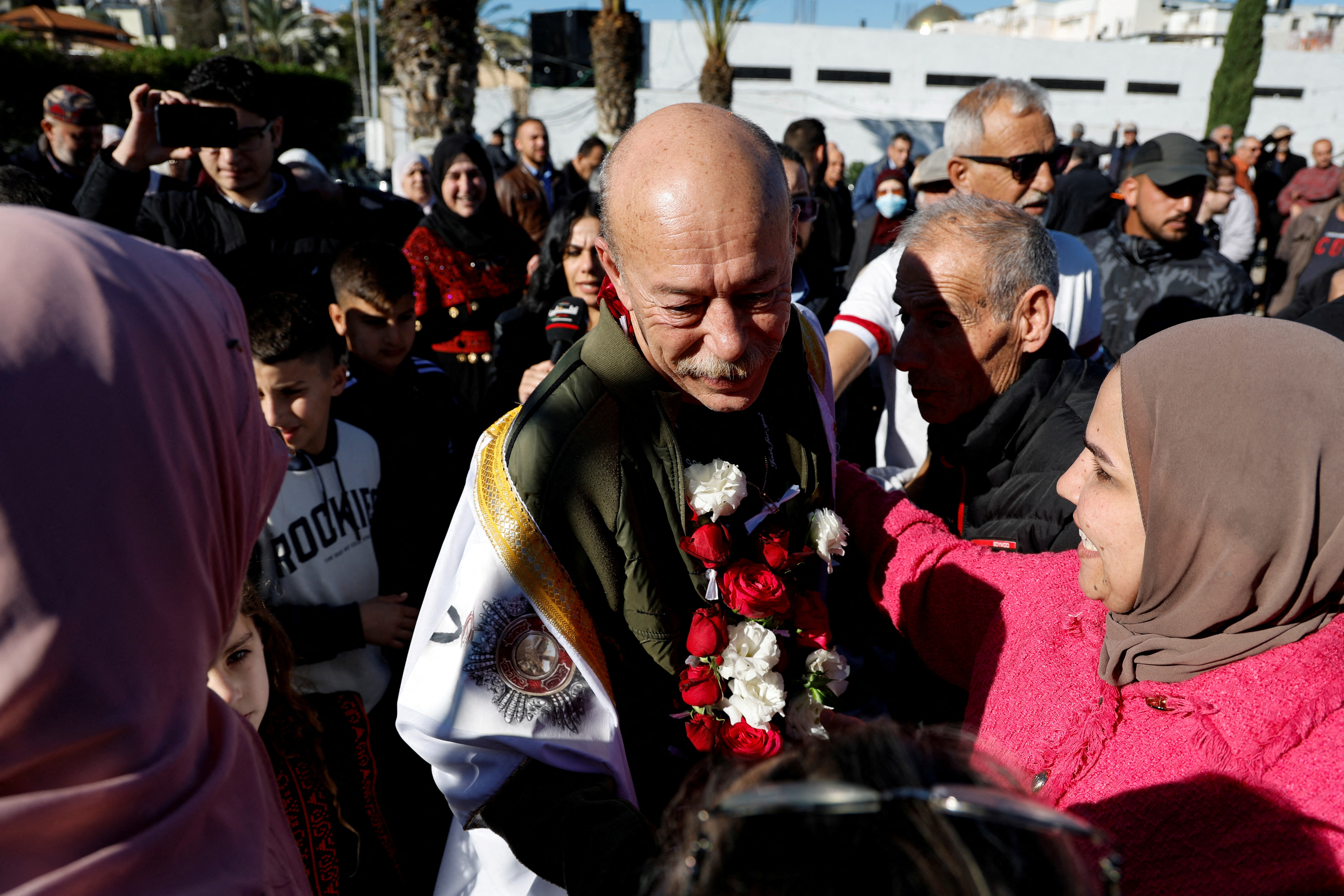 Israeli Palestinian prisoner Maher Younis is welcomed at his village, following his release after serving 40 years in prison