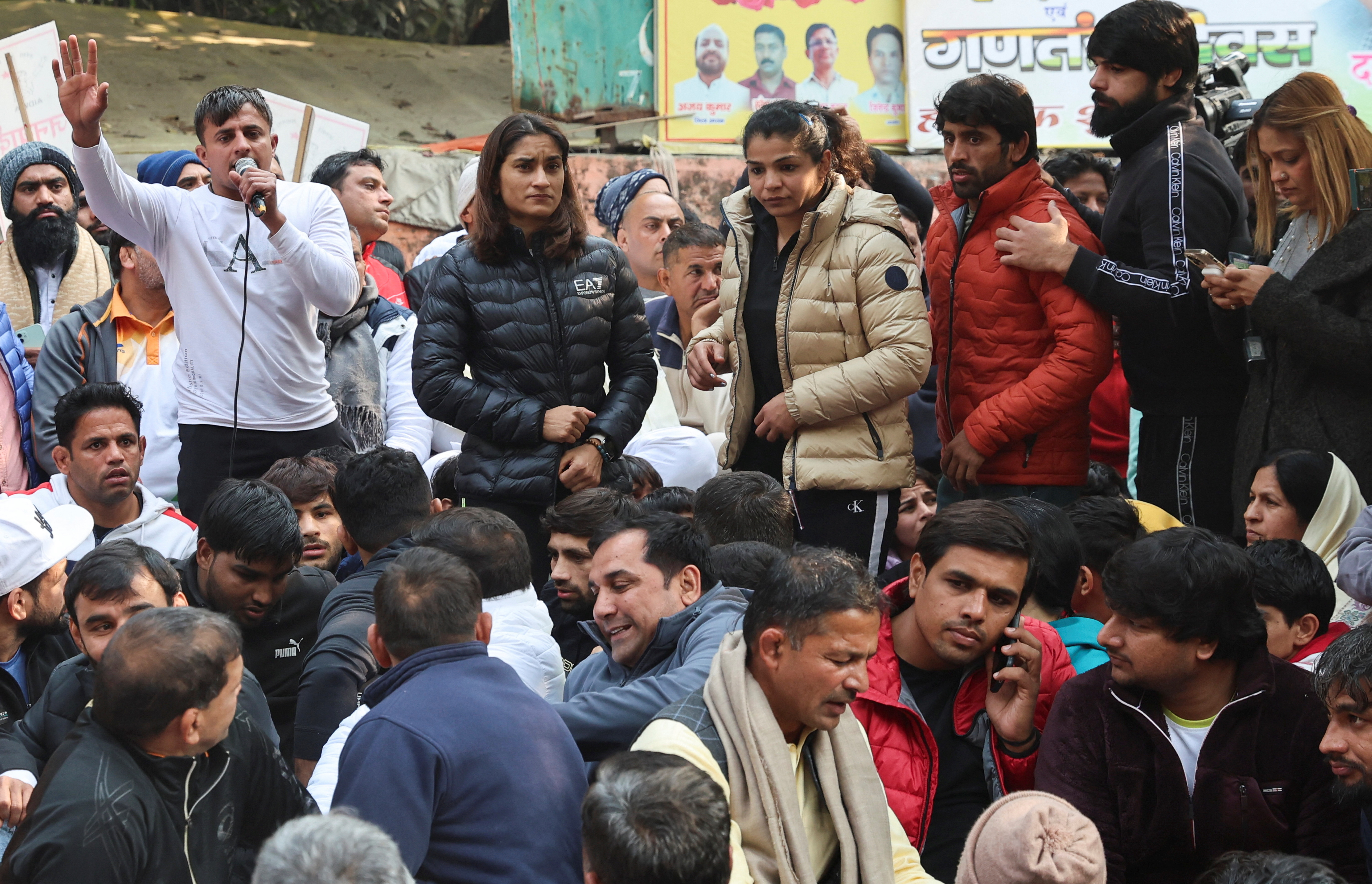 Vinesh Phogat, Sakshi Malik, Bajrang Punia and other Indian wrestlers take part in a protest.