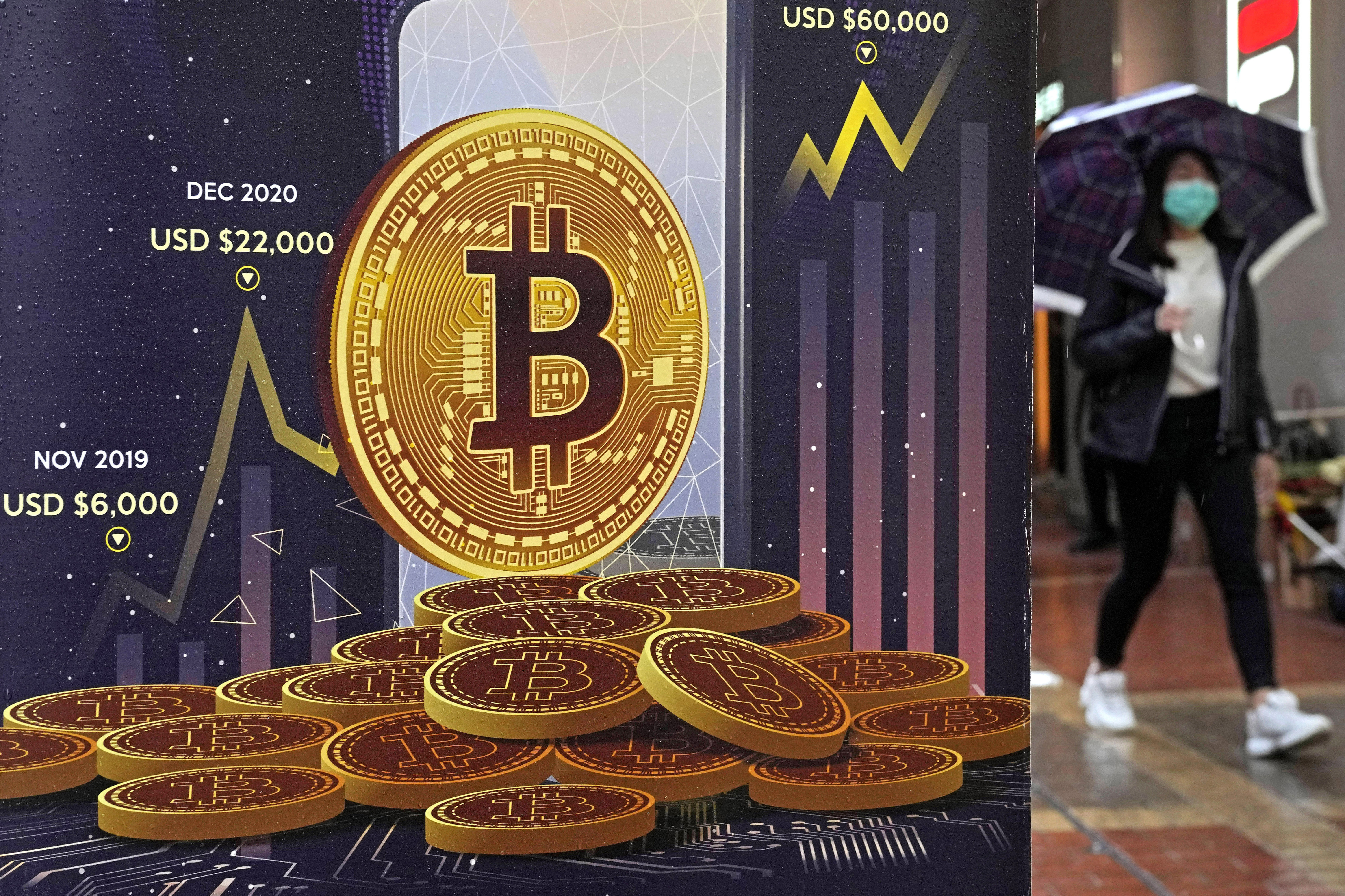 FILE - An advertisement for Bitcoin cryptocurrency is displayed on a street in Hong Kong, on Feb. 17, 2022. Bitcoin slumped to a two-year low, Wednesday, Nov. 9, and other digital assets sold off following the sudden collapse of crypto exchange FTX Trading, which has been forced to sell itself to larger rival Binance. (AP Photo/Kin Cheung, File)
