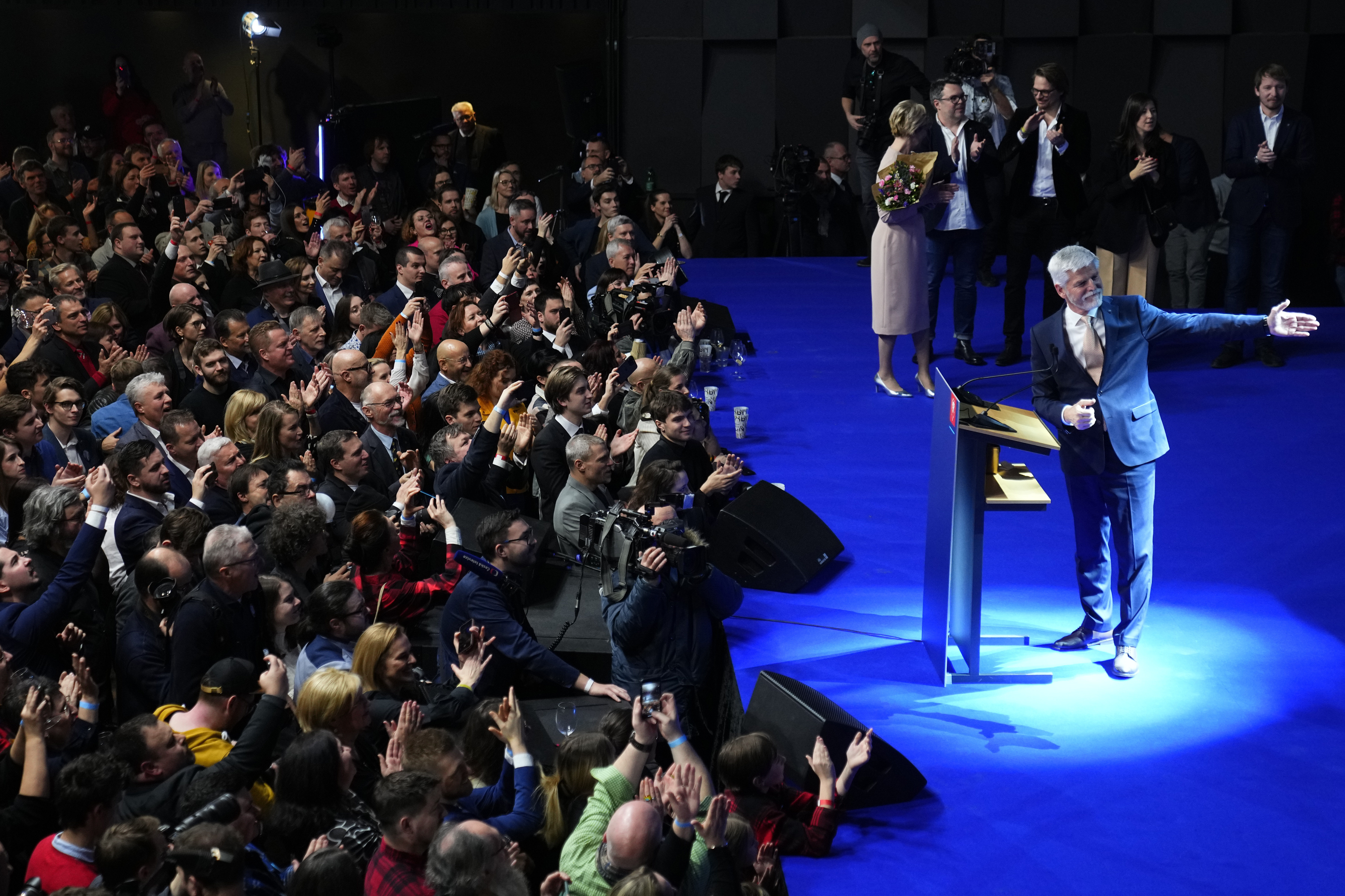 Czech Republic's President elect Petr Pavel reacts after announcement of the preliminary results of the presidential runoff in Prague, Czech Republic, Saturday, Jan. 28, 2023. (AP Photo/Petr David Josek)