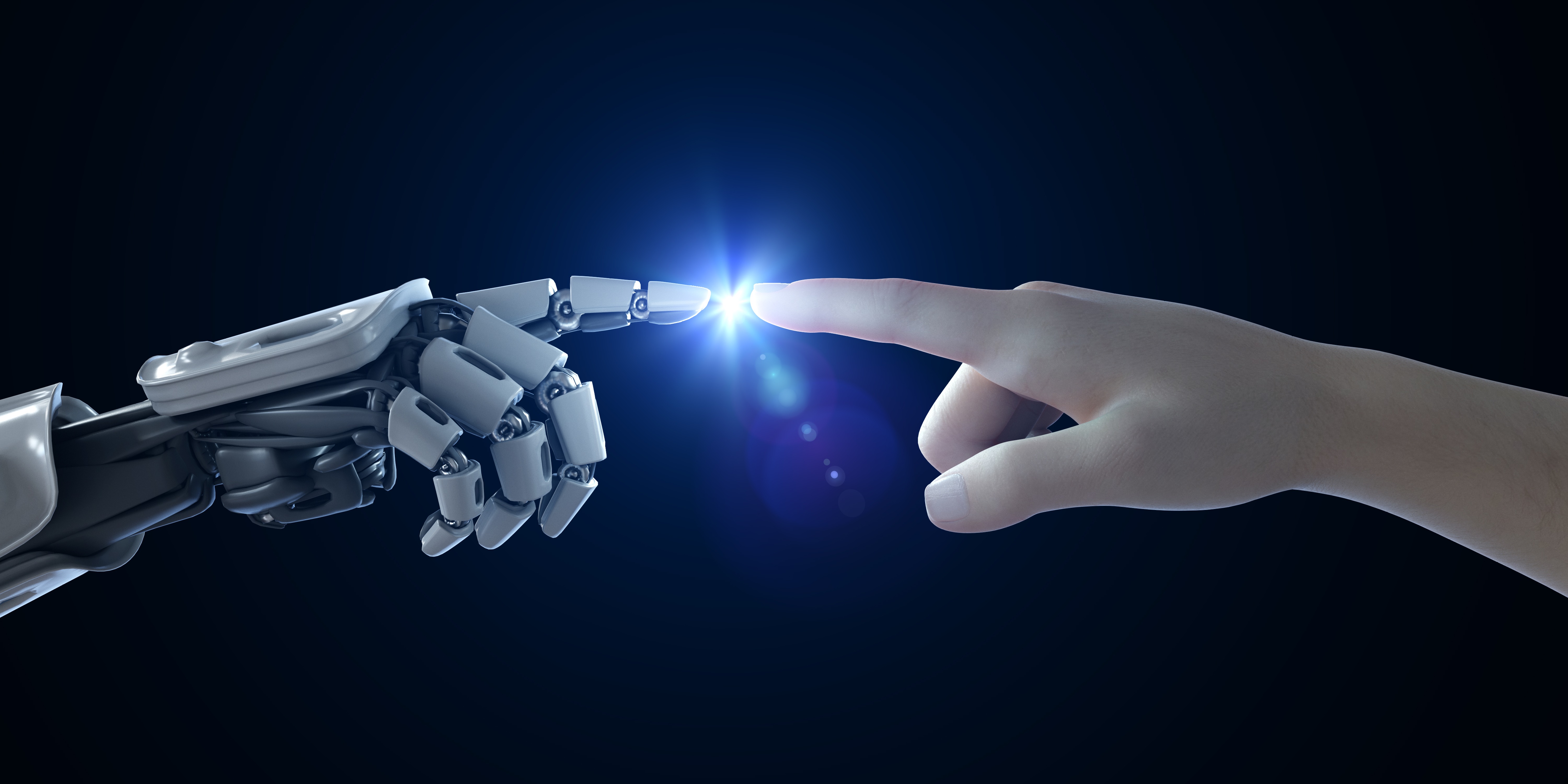 A human and robot touching the tip of their index fingers with a small blue sparkling light seemingly emanating from their contact in this computer illustration.