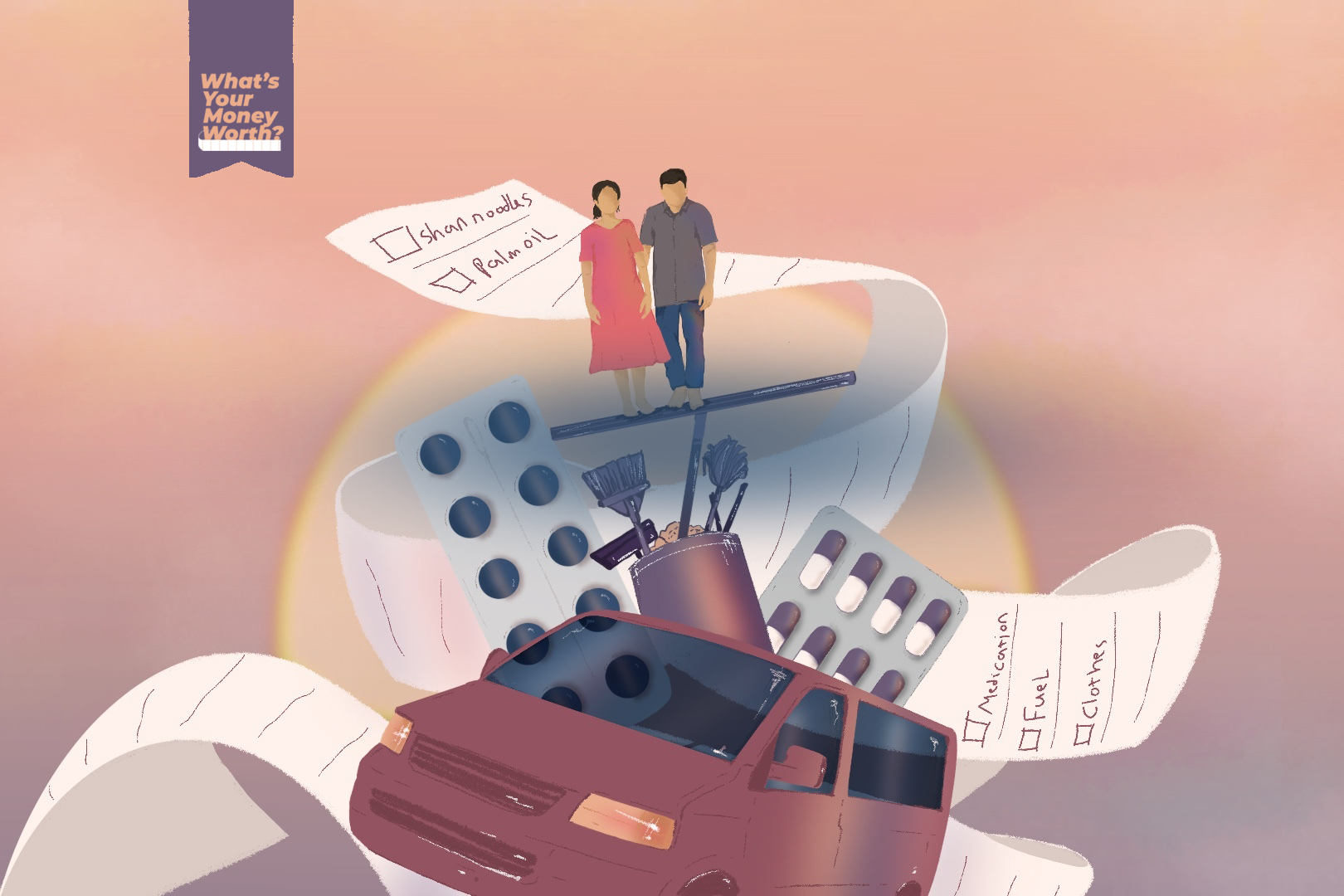 An illustration of a woman and a man standing on top of an ironing board that's on top of a bucket of brushes and brooms that's on top of a car. With two pill containers popping out of either side of the car and a long receipt surrounding the image.