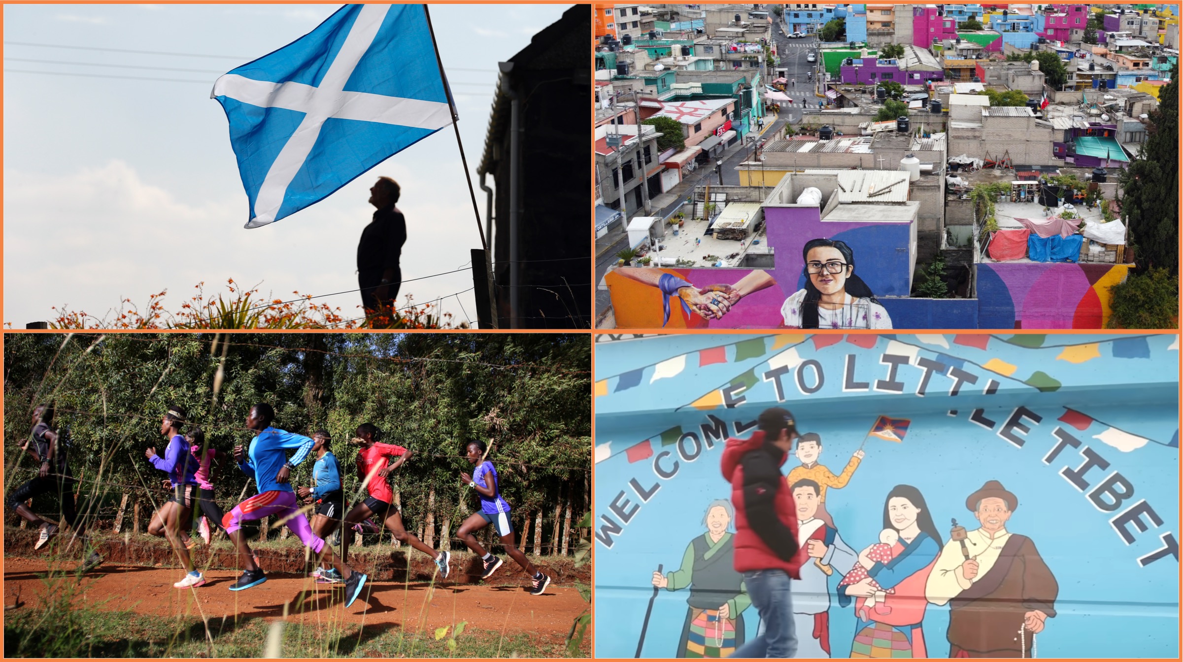 A Scottish Saltire on the Isle of Lewis, September 11, 2014. Murals in Mexico City, Mexico October 20, 2022. Athletes exercise in western Kenya, March 21, 2016. A man walks in front of a mural in Toronto, Canada.